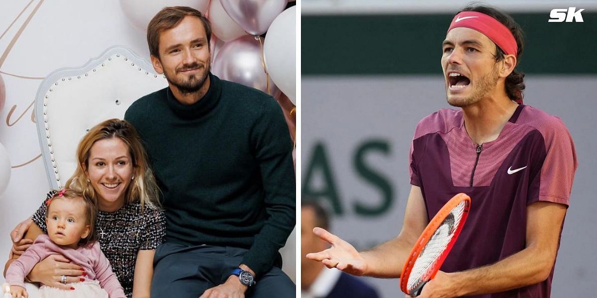 Daniil Medvedev and family (L), Taylor Fritz (R) (Source: @mrsmedvedev on Instagram; Getty Images)