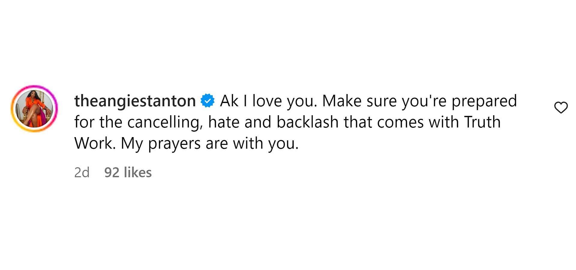 Angela Stanton&#039;s comment (Image via Instagram/@iamakbarv)