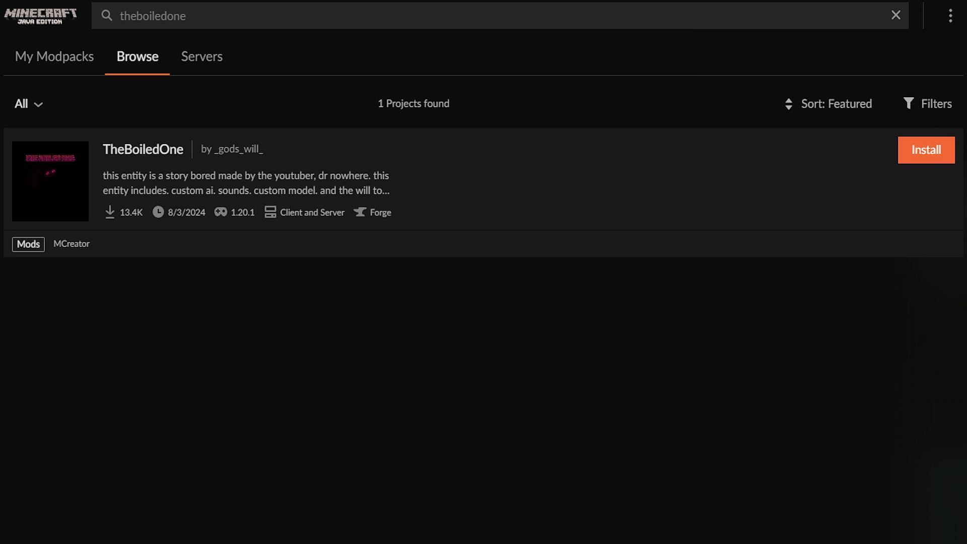 The search results for &quot;TheBoiledOne&quot; (Image via CurseForge)