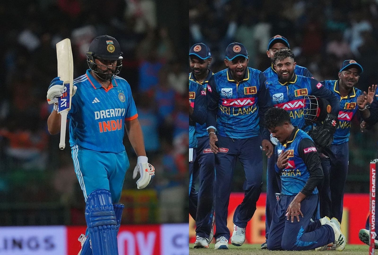 Rohit Sharma (L) and Jeffrey Vandersay (sitting down) during the India-Sri Lanka series. (Source: Getty)