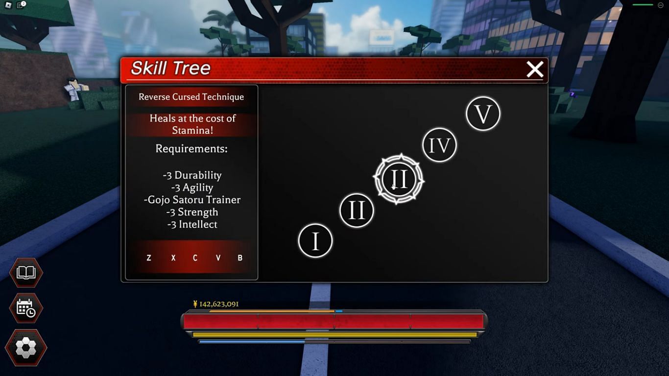 Gameplay screenshot of Gojo&#039;s skill tree in Project Baki 3 (Image via Roblox)