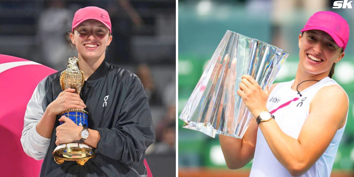 Iga Swiatek with Qatar Open trophy (L) &amp; Swiatek with BNP Paribas Open trophy (R) [Source: Getty]