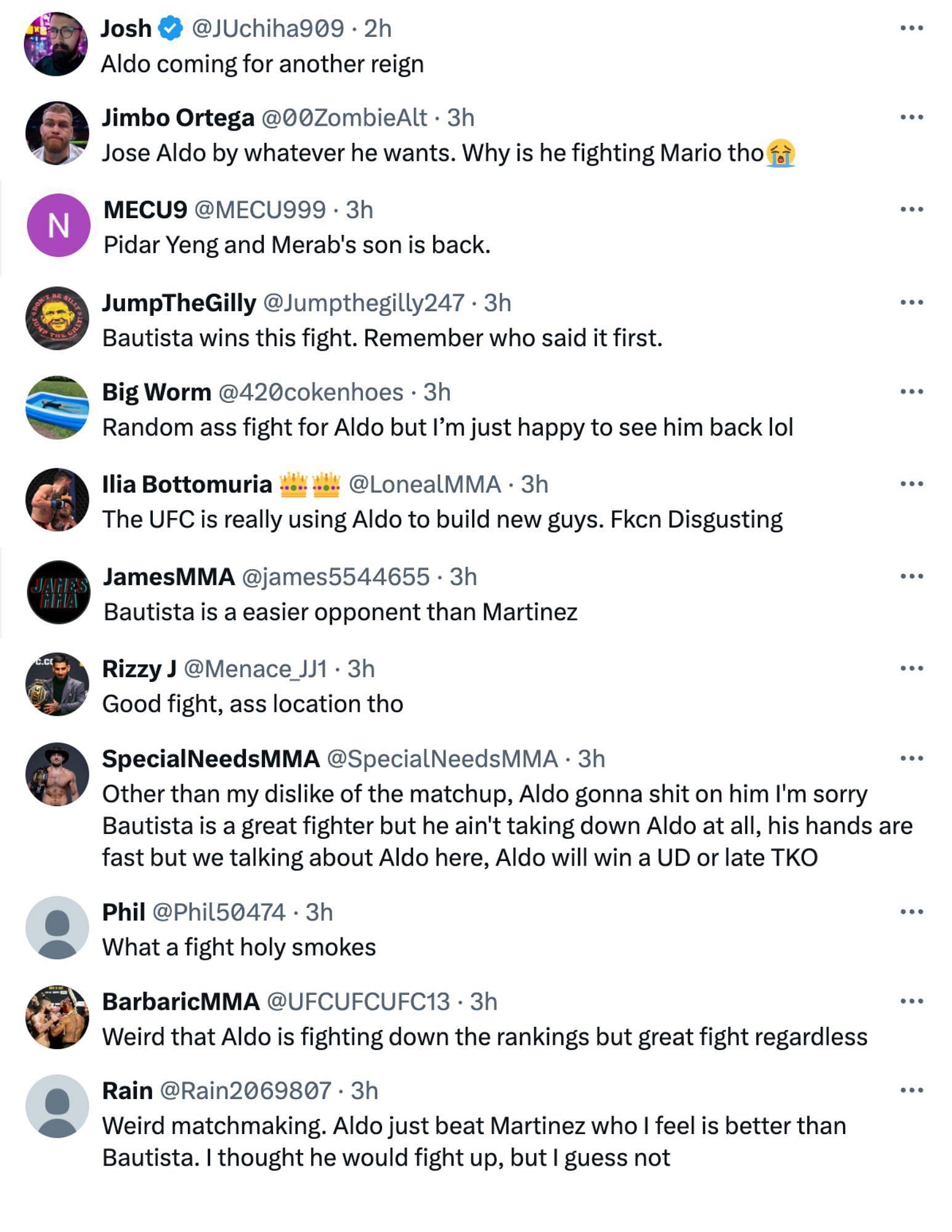 Fans react to Jose Aldo returning against Mario Bautista at UFC 307. [via @bigmarcel24 on X]