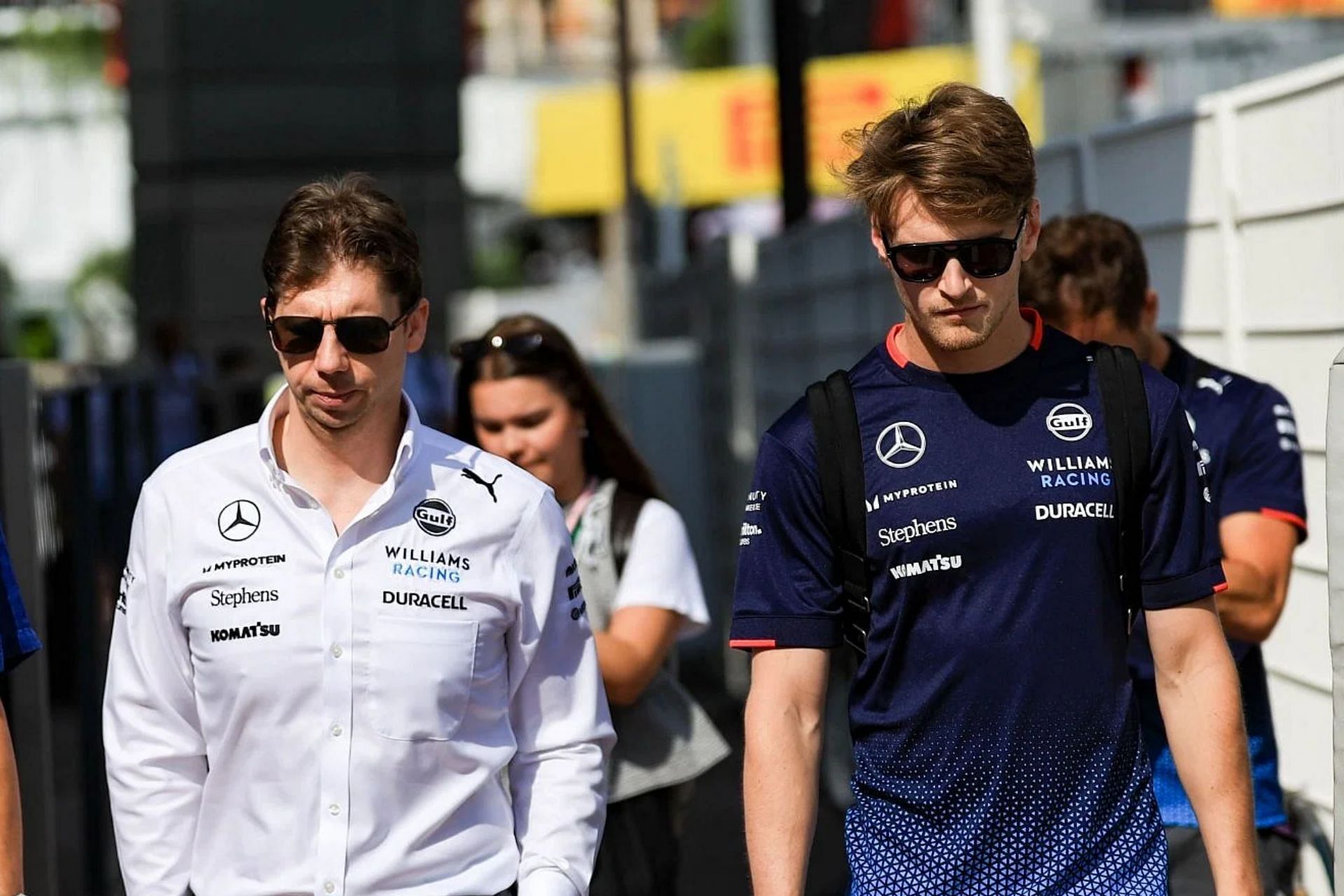 Logan Sargeant and James Vowles walk in the paddock together during previews ahead of the 2024 F1 Monaco Grand Prix. (Photo by Kym Illman/Getty Images)