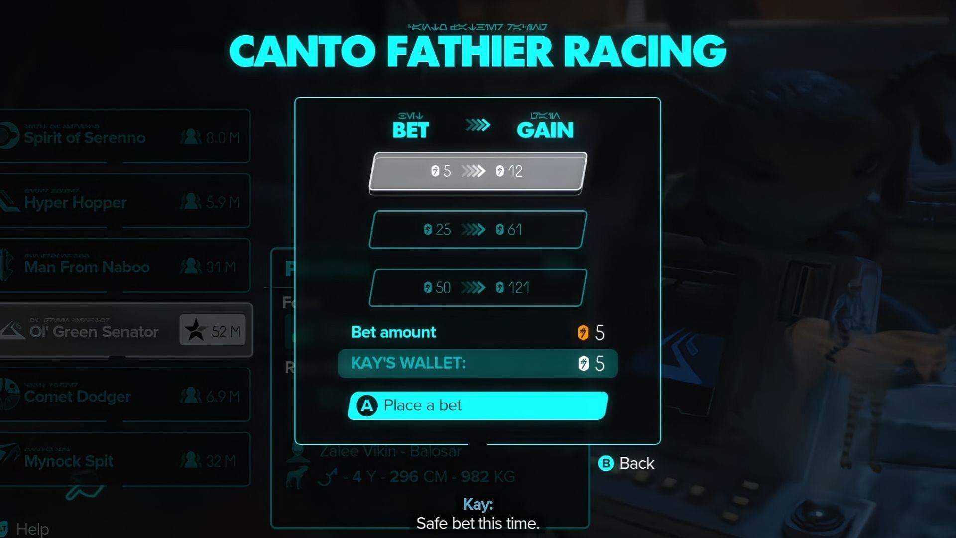 Betting on rigged Fathier races is a guaranteed way to earn Credits in Star Wars Outlaws (Image via Ubisoft)