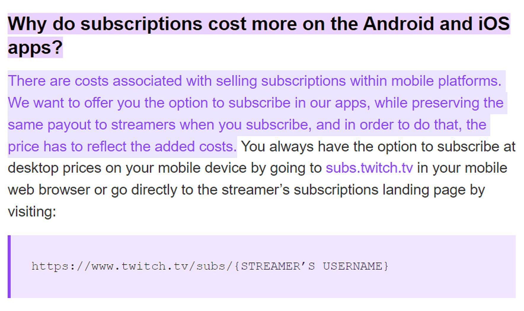 The platform explains why the pricing is different on mobile apps (Image via Help.Twitch.Tv)