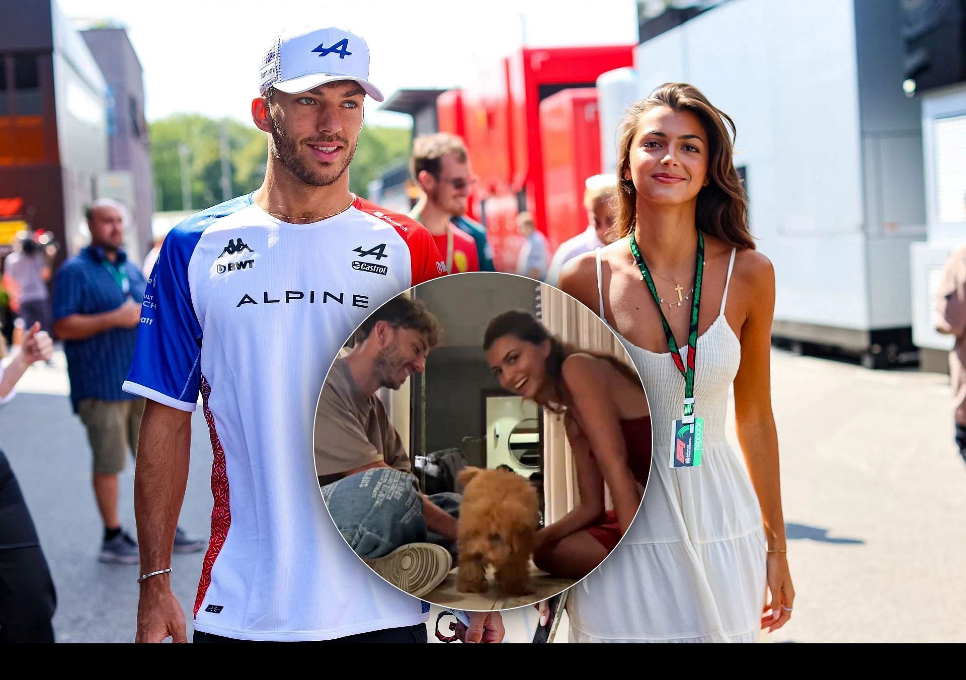 Pierre Gasly and his girlfriend Kika Cerqueira Gomes perform a viral trend with their pet dog (Image via Getty || Instagram/@francisca.cgomes)