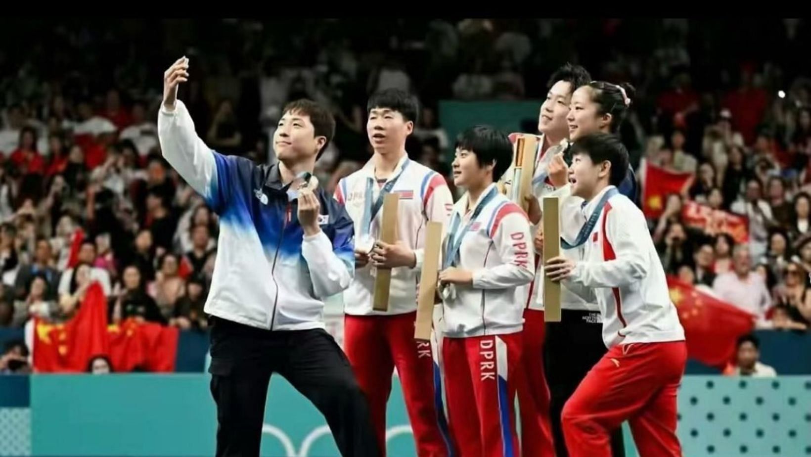 North Korean athletes reportedly to get punished for taking a selfie with South Korean athletes at the 2024 Paris Olympics. (Image via X/@thecyrusjanssen)