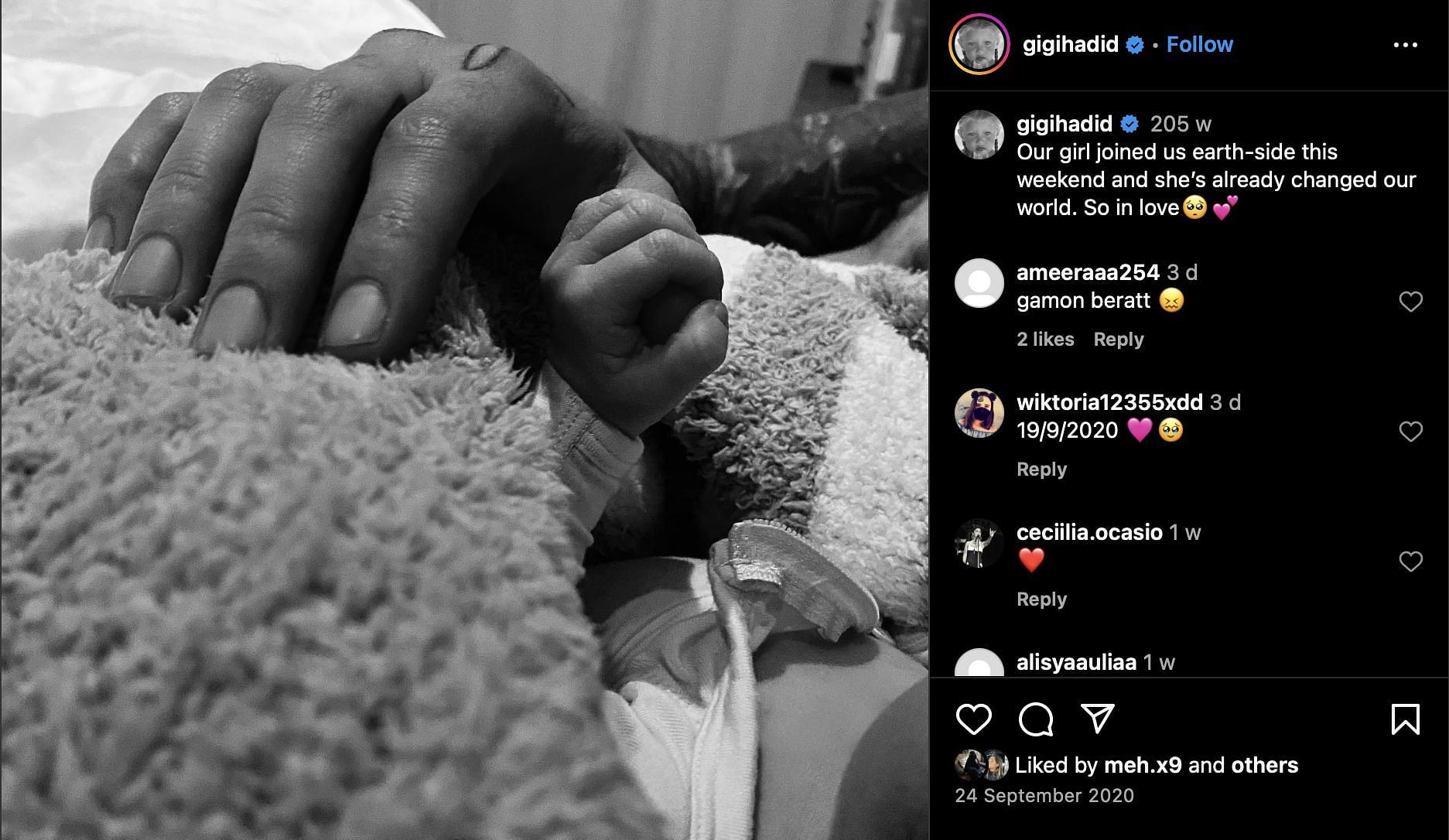 Gigi Hadid reveals daughter Khai&#039;s birth (Image via Instagram/@gigihadid)