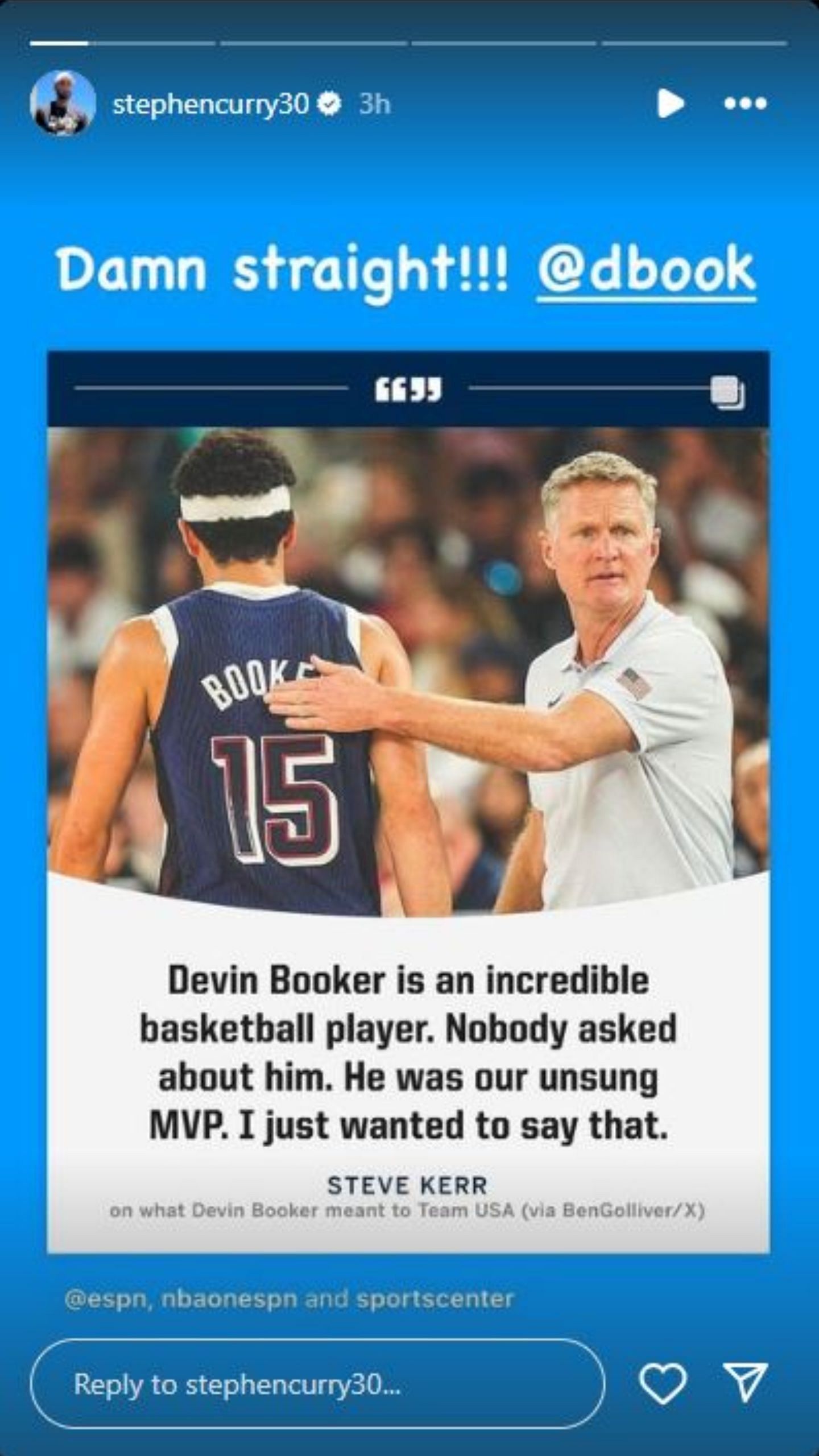 Steph Curry praised Devin Booker on Instagram. (Photo: Screengrabbed from Steph&#039;s IG story)