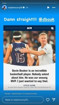 Steph Curry praised Devin Booker on Instagram. (Photo: Screengrabbed from Steph's IG story)