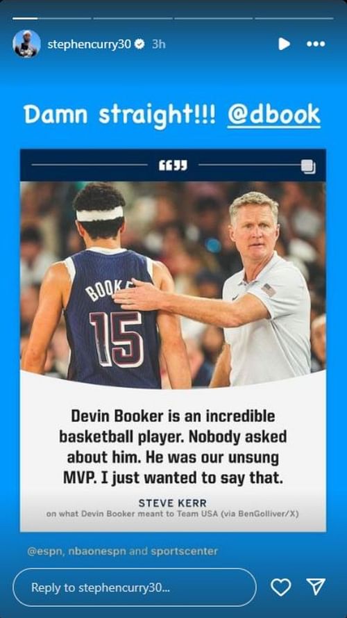 Steph Curry praised Devin Booker on Instagram. (Photo: Screengrabbed from Steph's IG story)