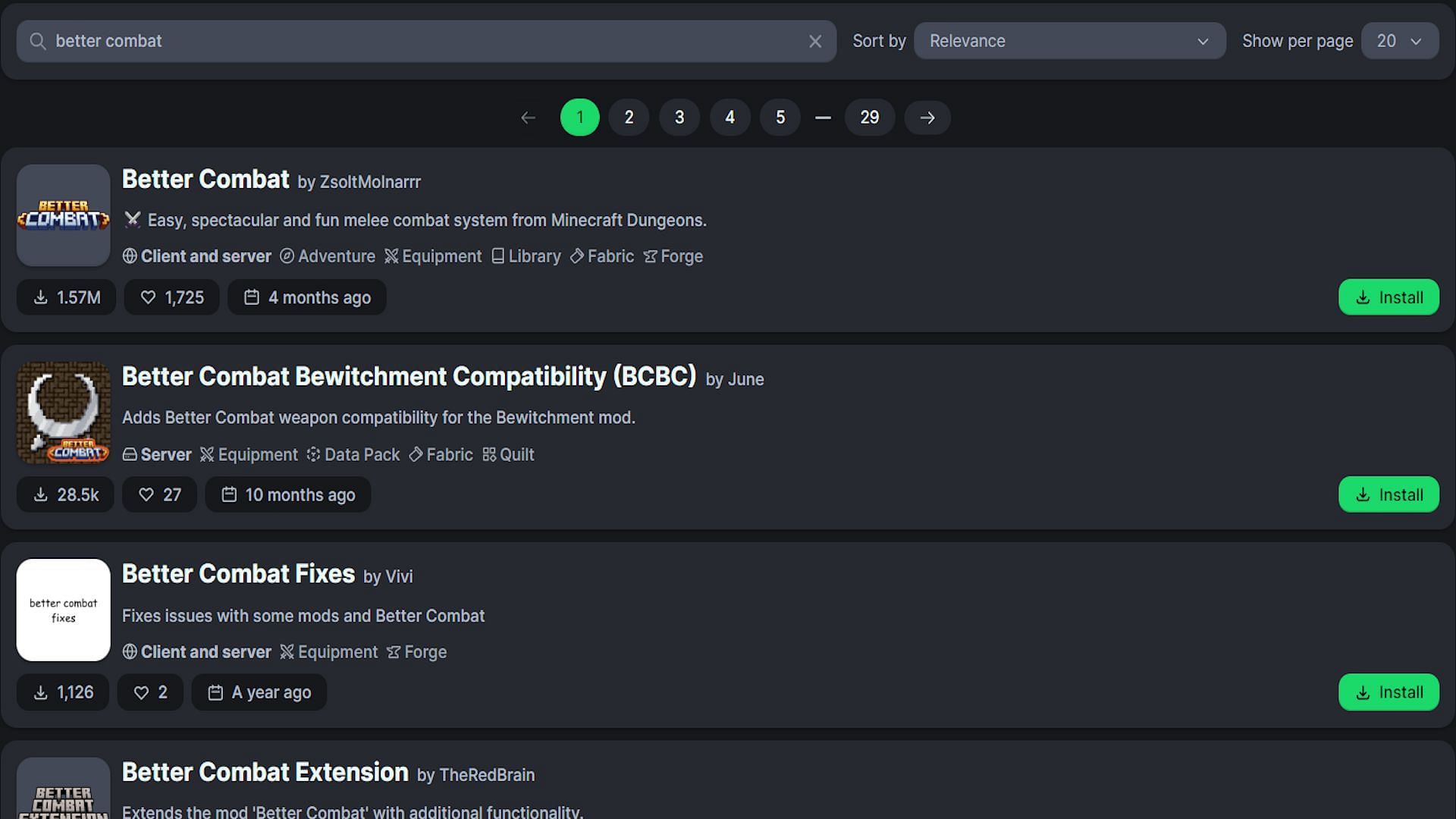 The search results for &quot;Better Combat&quot; (Image via Modrinth)