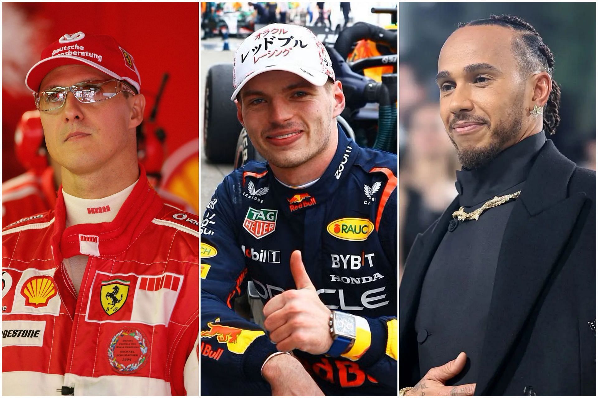 Michael Schumacher (L), Max Verstappen (C), and Lewis Hamilton (R) (Images via Getty)