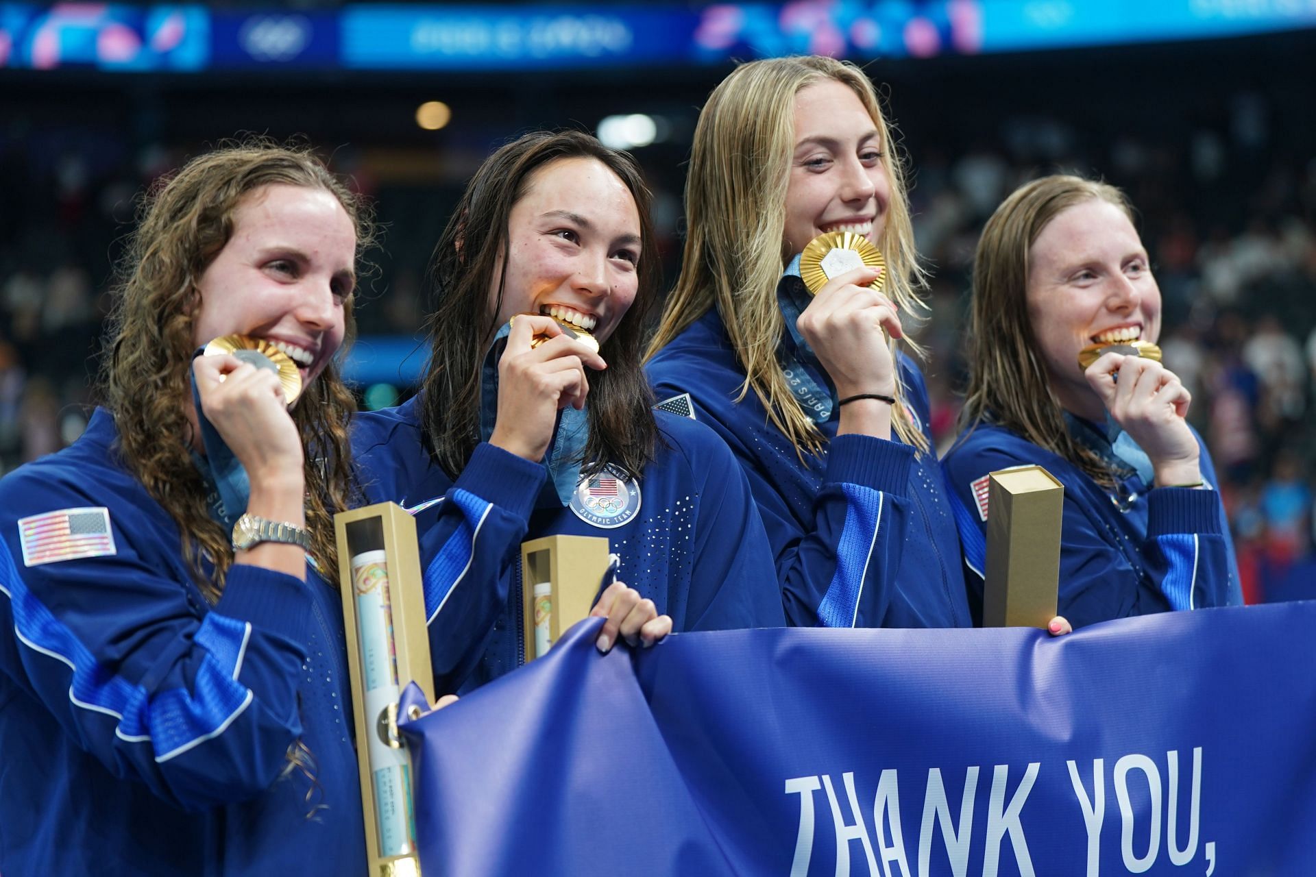 The USA 4x100m medley women&#039;s team after winning gold at Paris Olympics