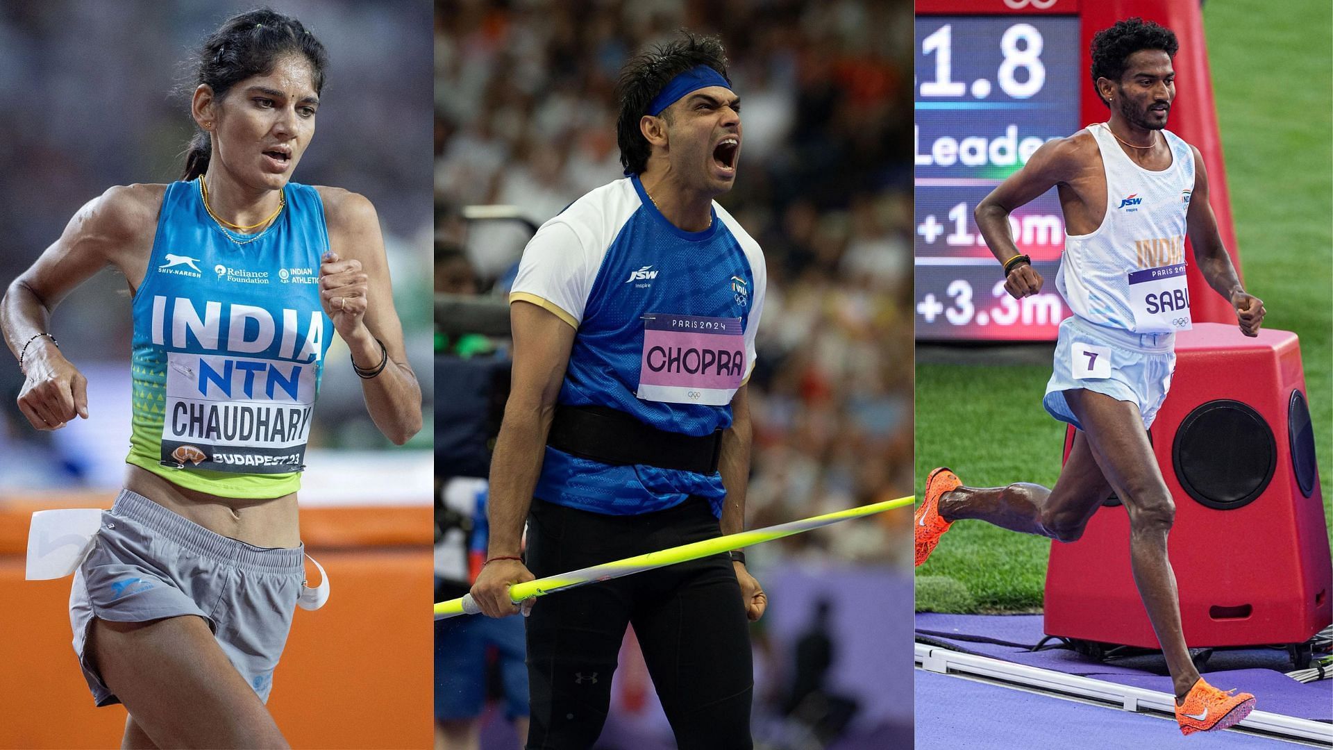 Parul Chaudhary (left), Neeraj Chopra (centre) and Avinash Sable (right) were part of India