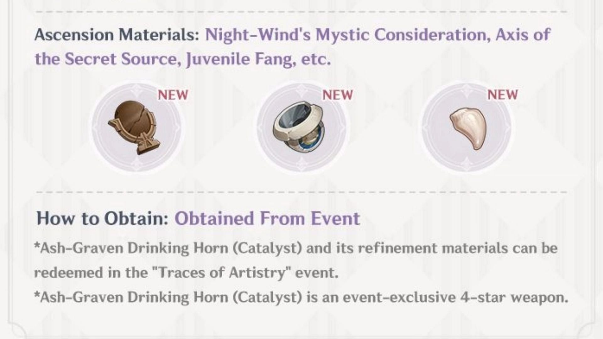 Materials needed to level up Ash-Graven Drinking Horn (Image via HoYoverse)