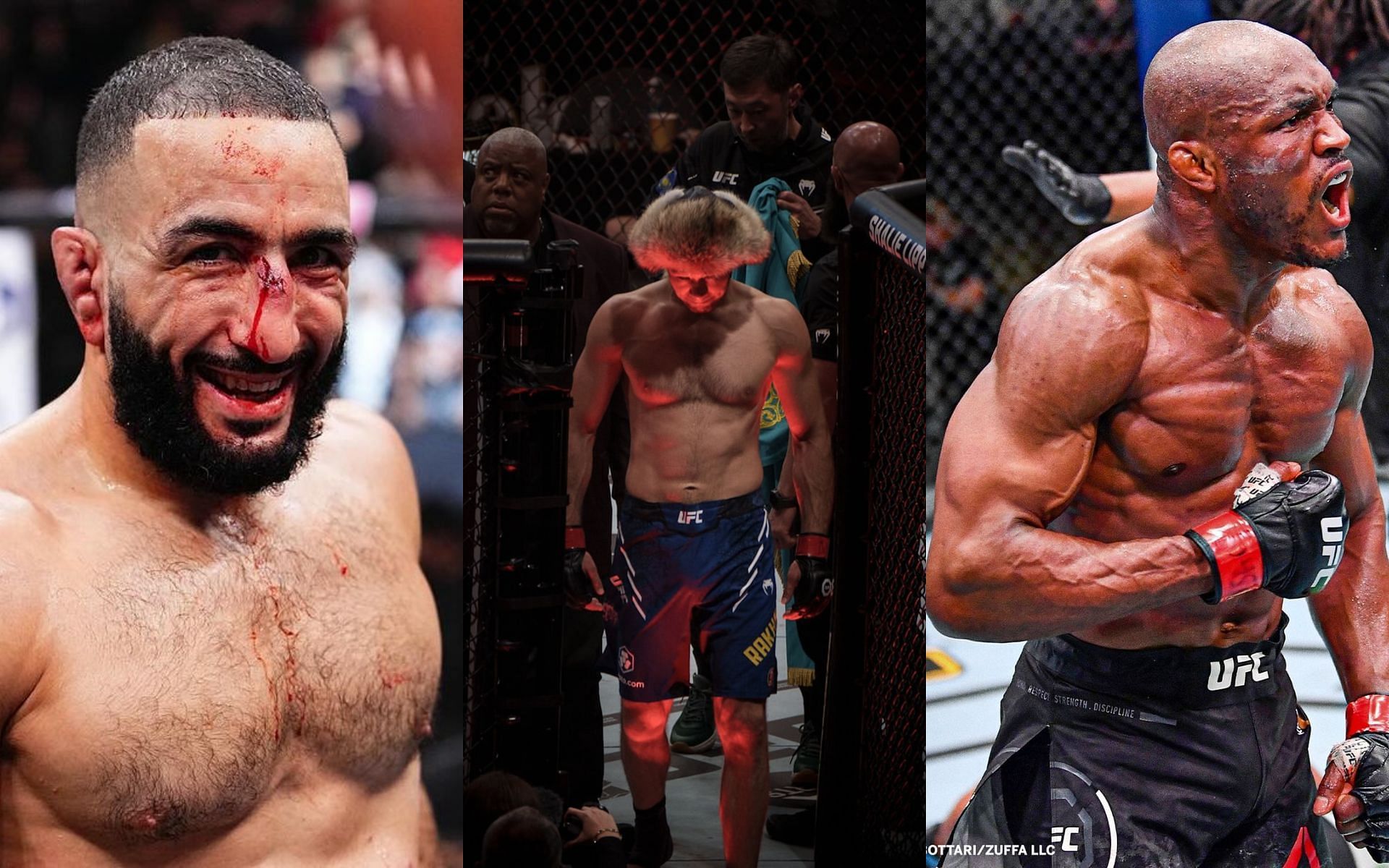 Belal Muhammad (left) electrifies fans with his callouts of Shavkat rakhmonov (center) and Kamaru Usman (right) [Image courtesy: @bullyb170, @shvakatrakhmonov94, and @usman84kg on Instagram]