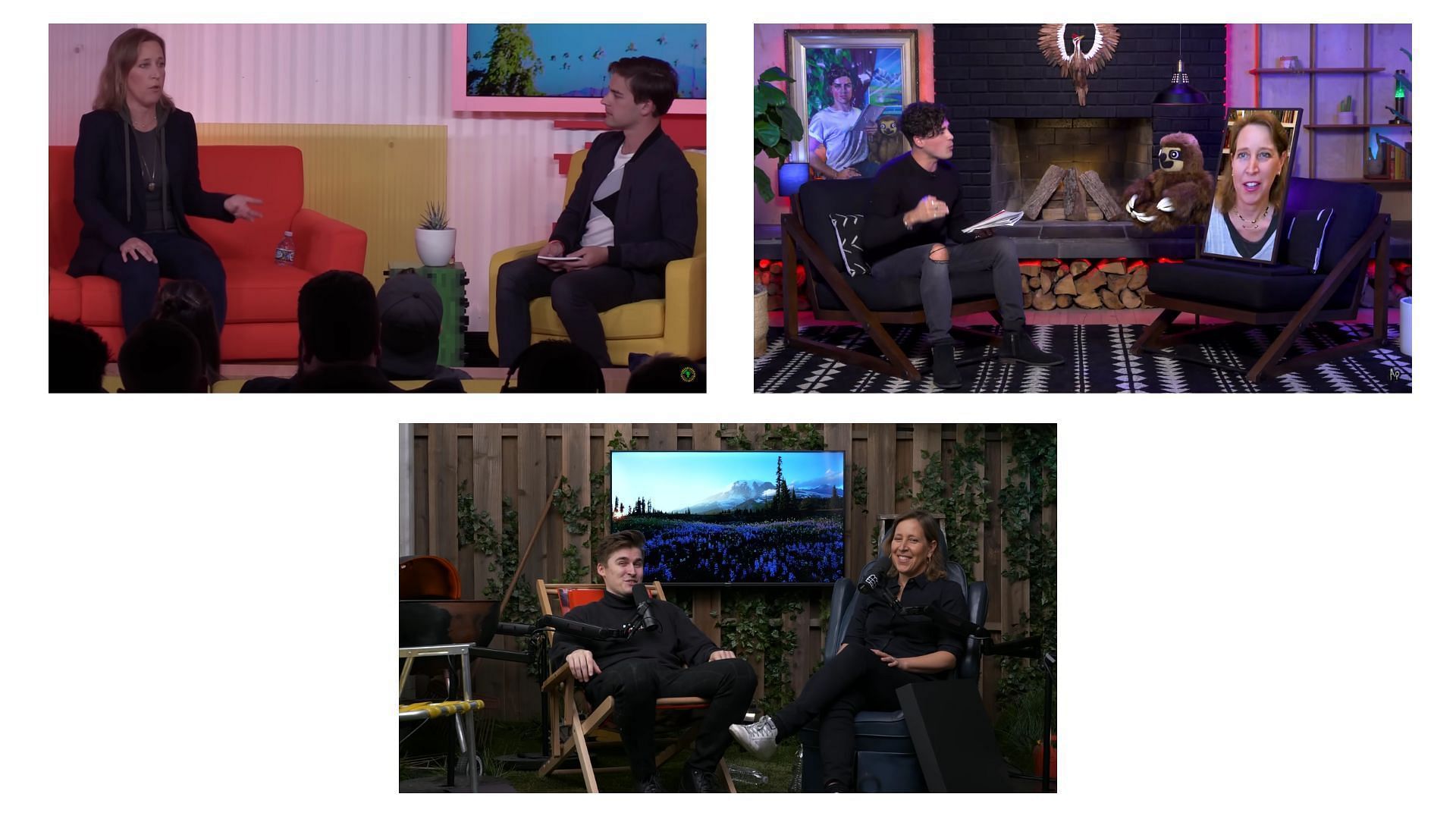 YouTubers MatPat (from The Game Theorists), Anthony Padilla, and Ludwig are amongst the creators who have interviewed the former YouTube CEO (Images via The Game Theorists, Ludwig, Anthony Padilla/YouTube)