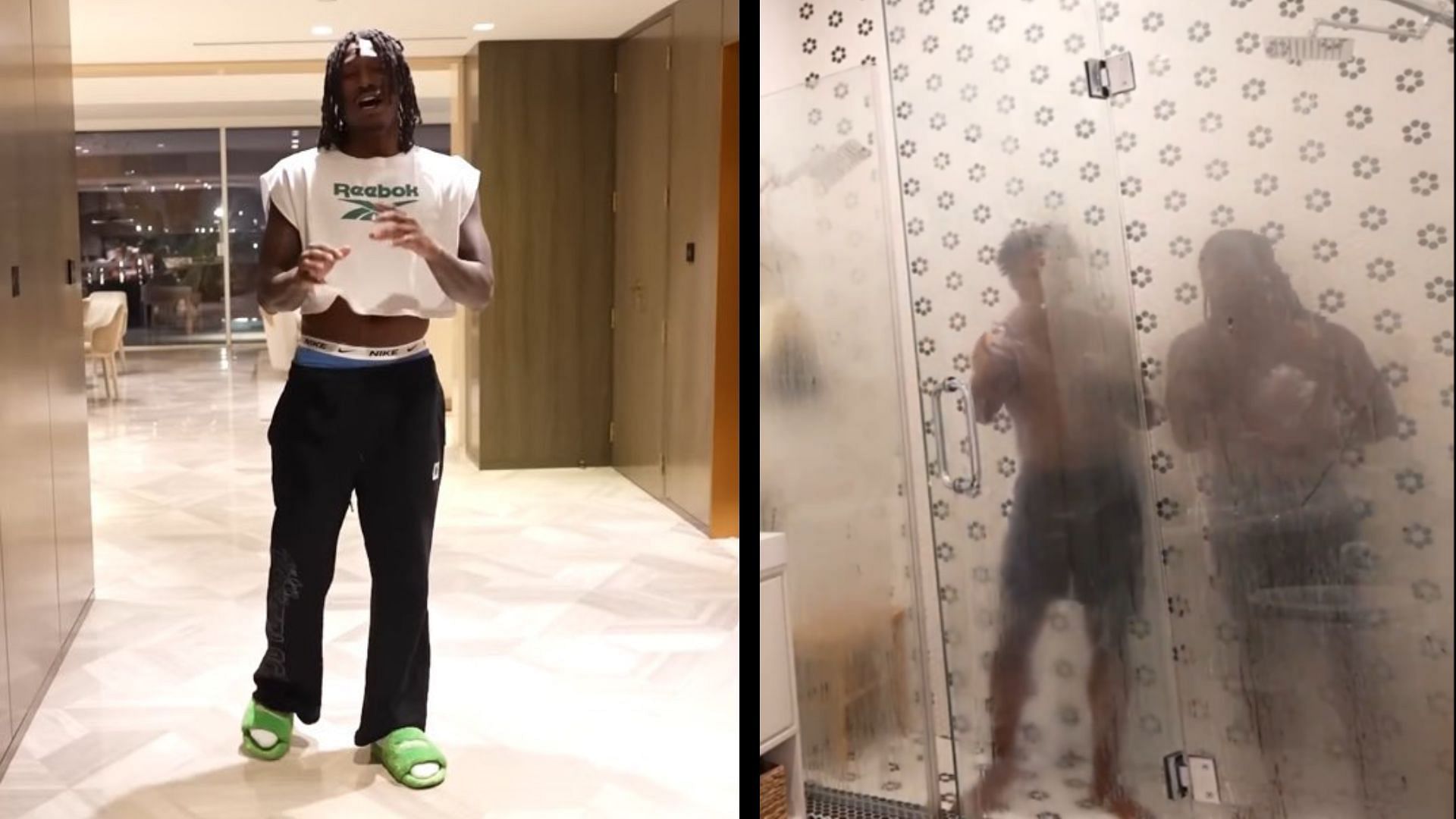 Kai Cenat calls out Duke Dennis for wearing a crop top after Duke comments on Kai and IShowSpeed taking a shower together (Image via FearedBuck, Deuce/X)