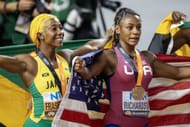 Sha'Carri Richardson and Shelly-Ann Fraser-Pryce at World Athletics Championships 2023 (Photo by Tim Clayton/Corbis via Getty Images)