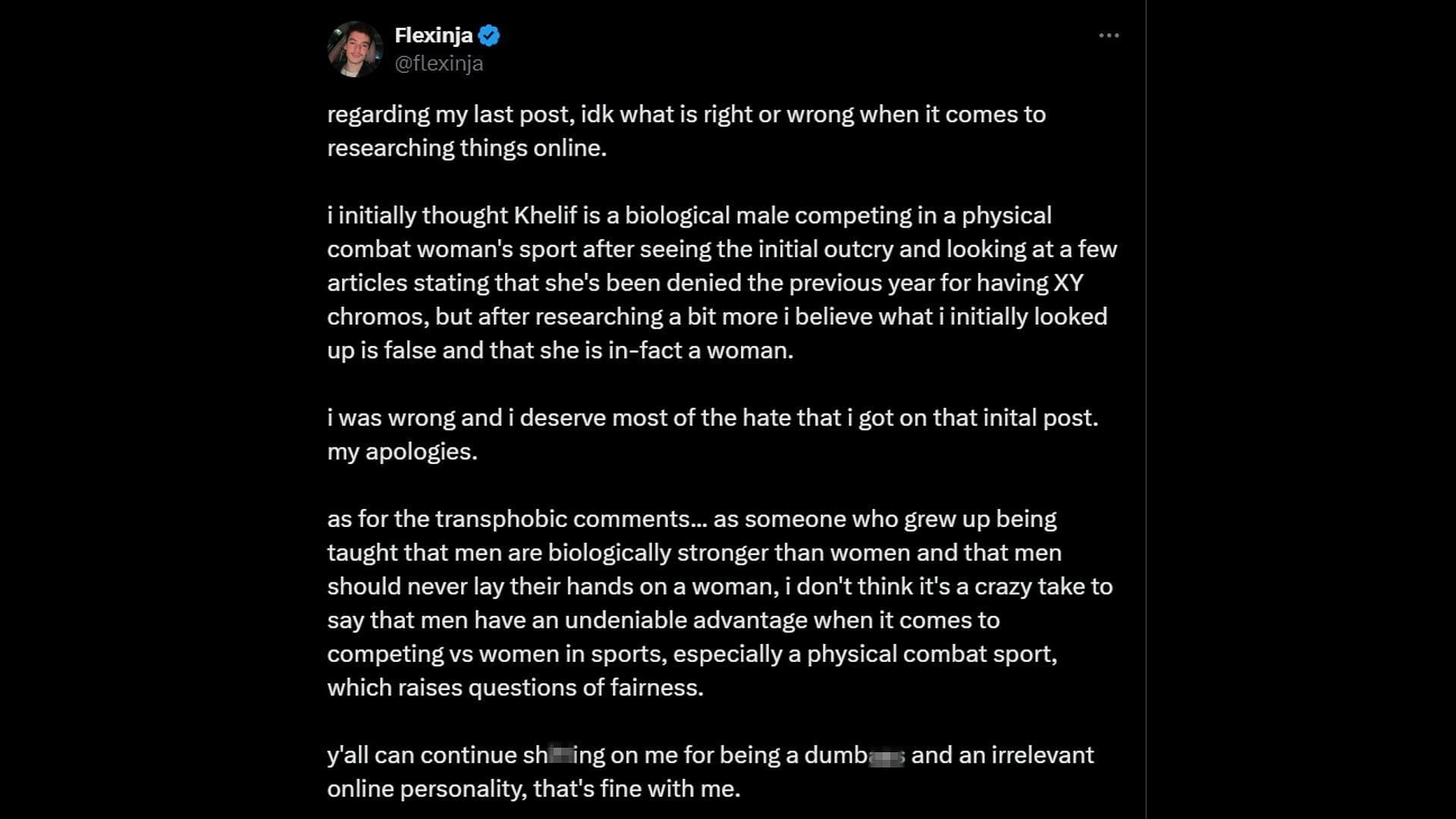 The Twitch streamer made an apology in a now-deleted X post, regarding his comments on Imane Khelif (Image via Flexinja/X)