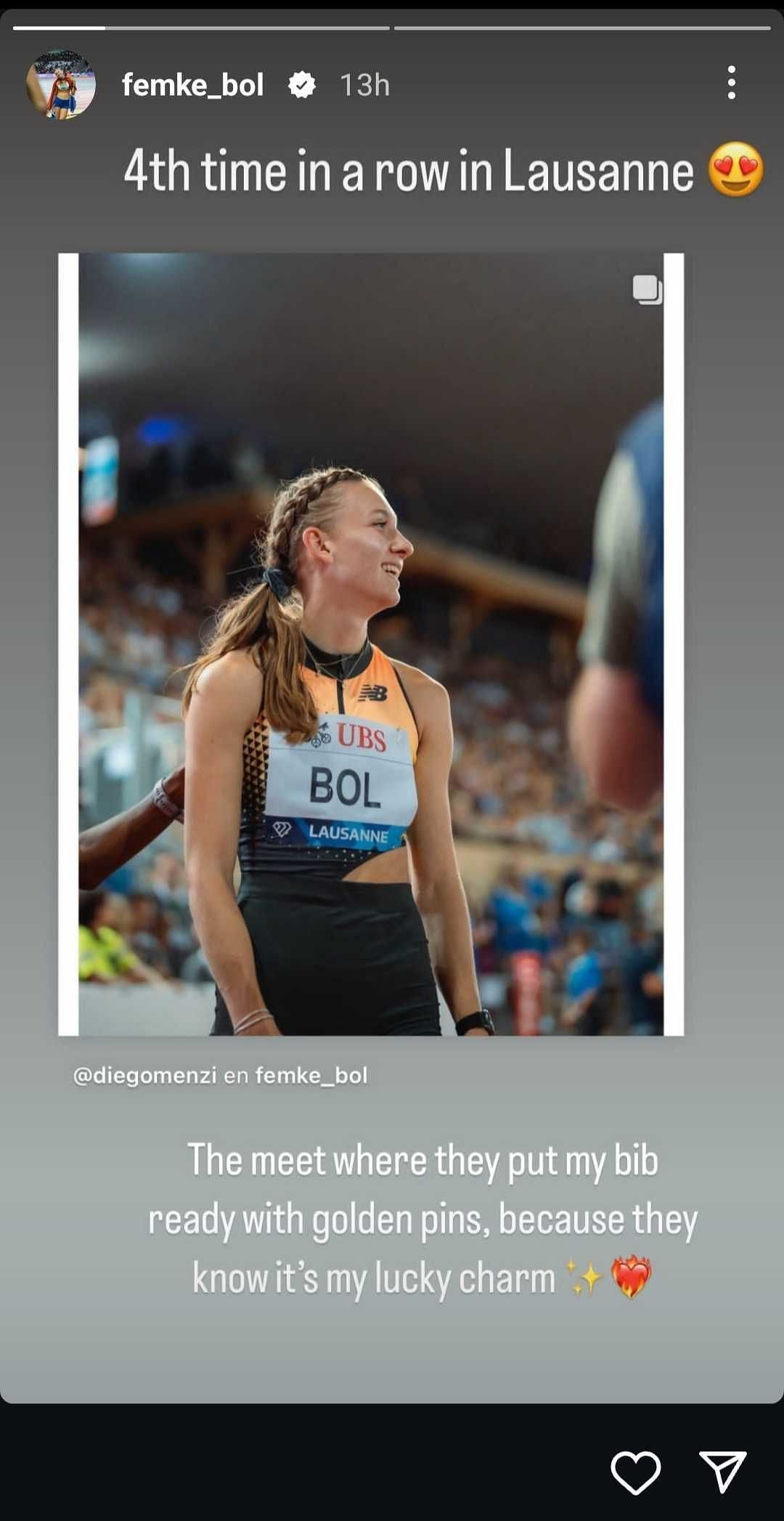 Femke Bol&#039;s Instagram Story [Image Source: Femke Bol&#039;s Instagram Handle]