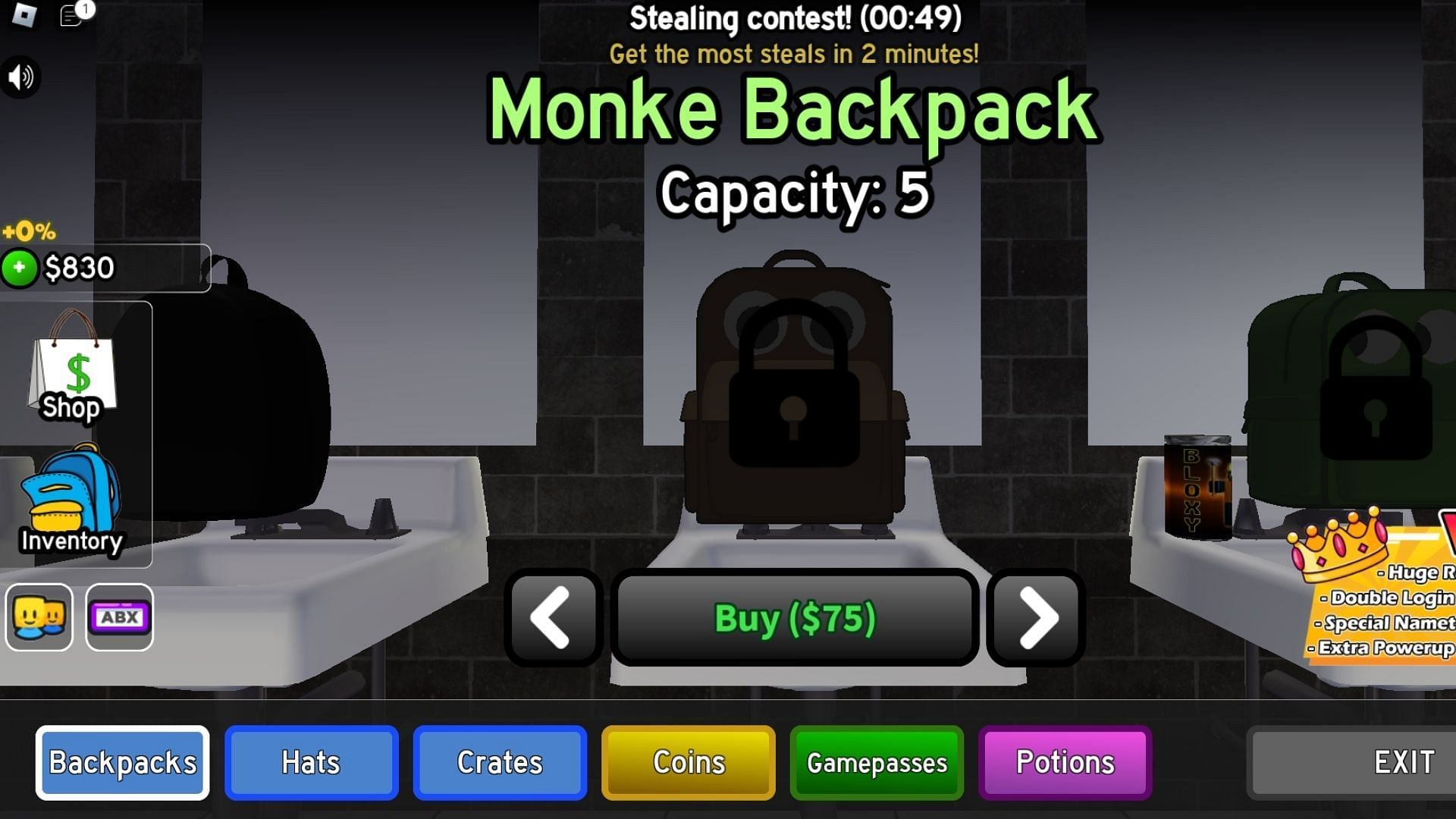 Purchasing new backpacks using codes in Rob the Place (Image via Roblox)