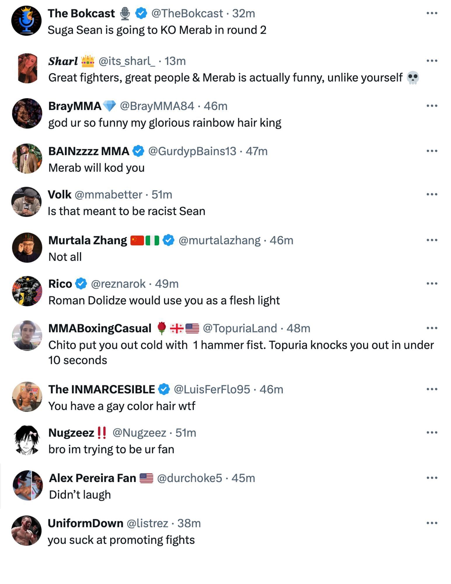 Fan reactions to Sean O&#039;Malley&#039;s post criticizing Georgian fighters. [via @sugaseanMMA on X]