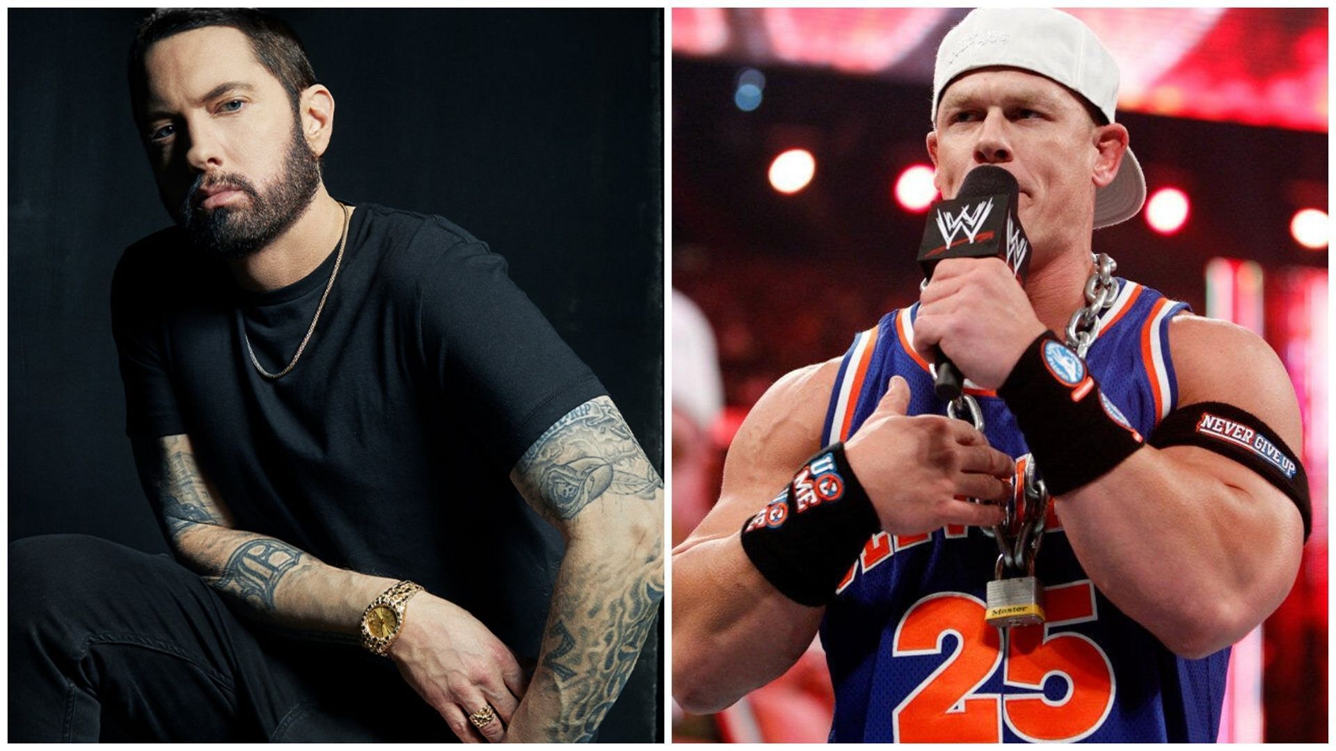 John Cena thinks his Mt. Rushmore of rappers will &quot;incite riots.&quot; (Photo: Eminem on X and WWE.com)