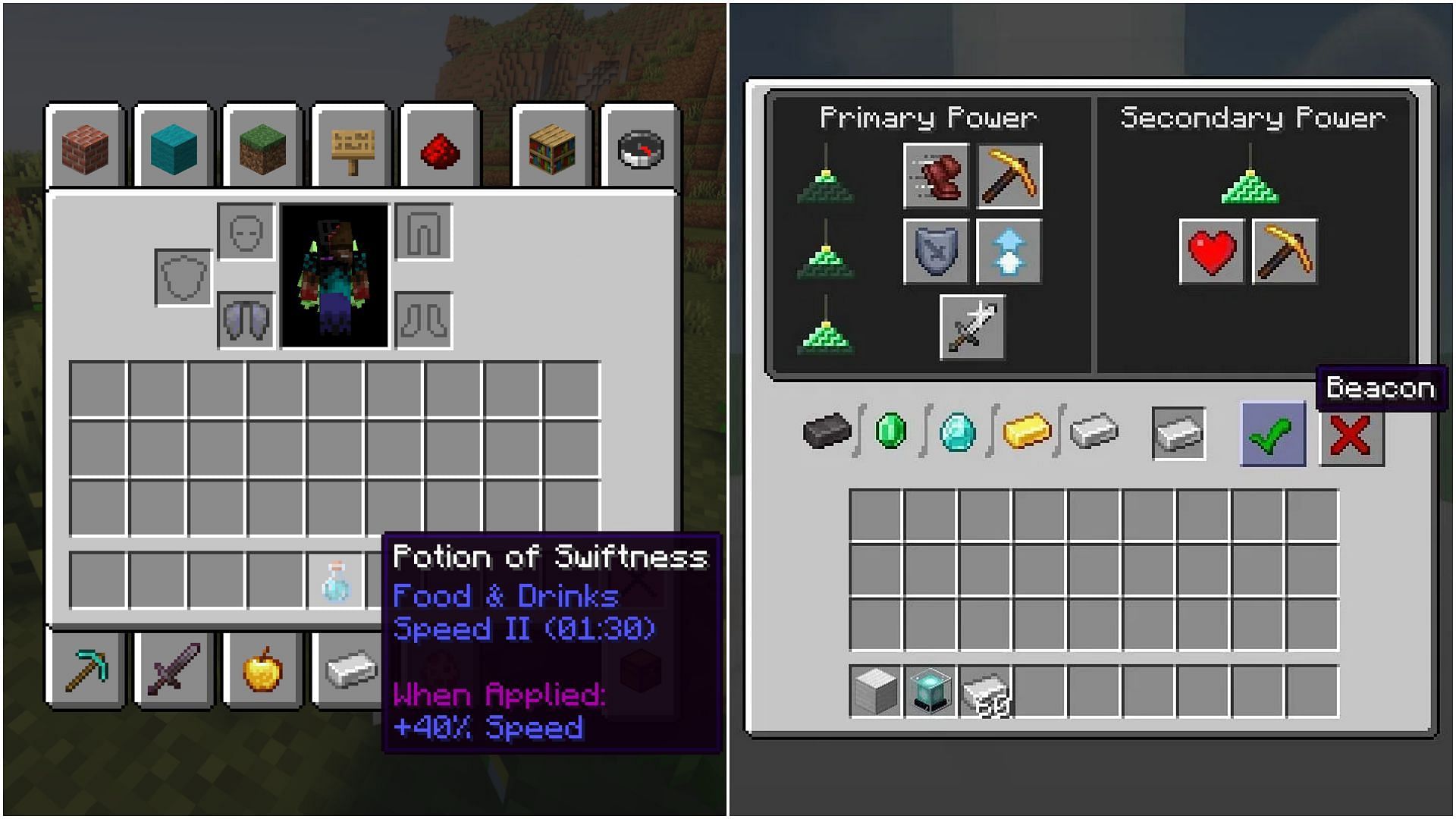 Get speed status effect either from potion or beacon (Image via Mojang Studios)