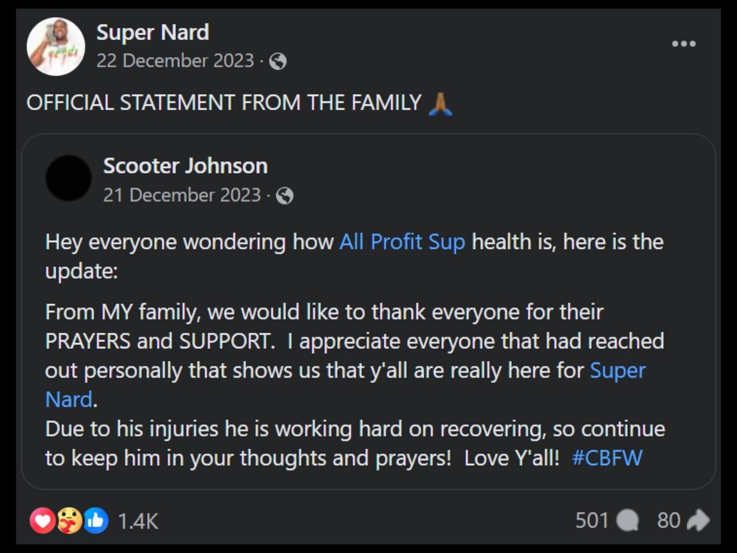 The Alabama rapper&#039;s health update shared by a purported family member last year. (Image via Facebook/Super Nard)