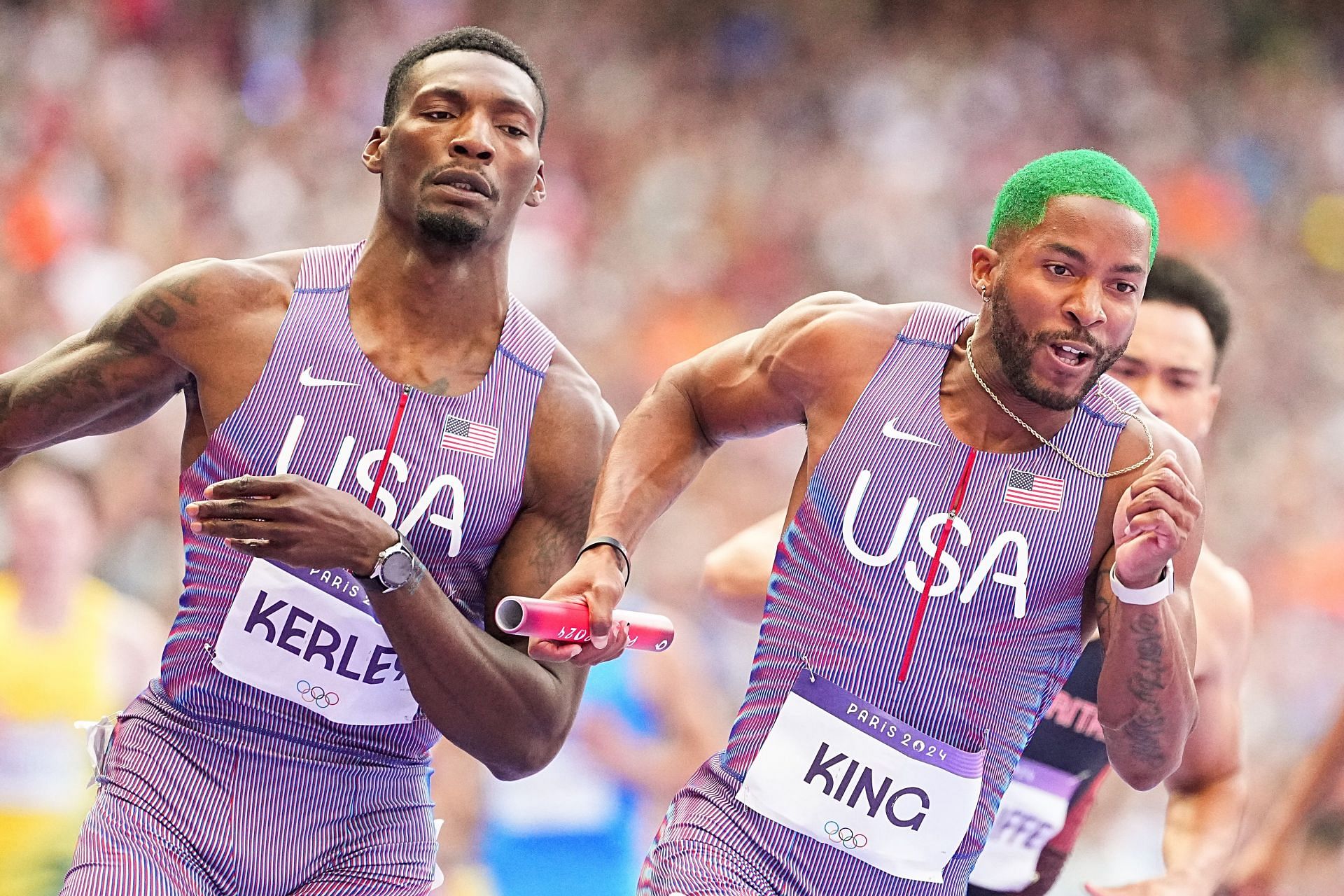 Fred Kerley (L) and Kyree King in action at the 2024 Paris Olympics - Getty Images