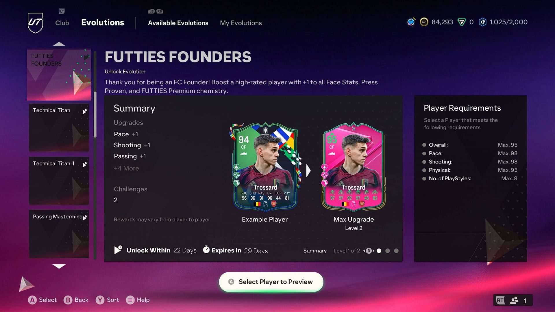 FUTTIES Founders Evolution is now live (Image via EA) FUTTIES Founders Evo level 1 upgrades (Image via EA)