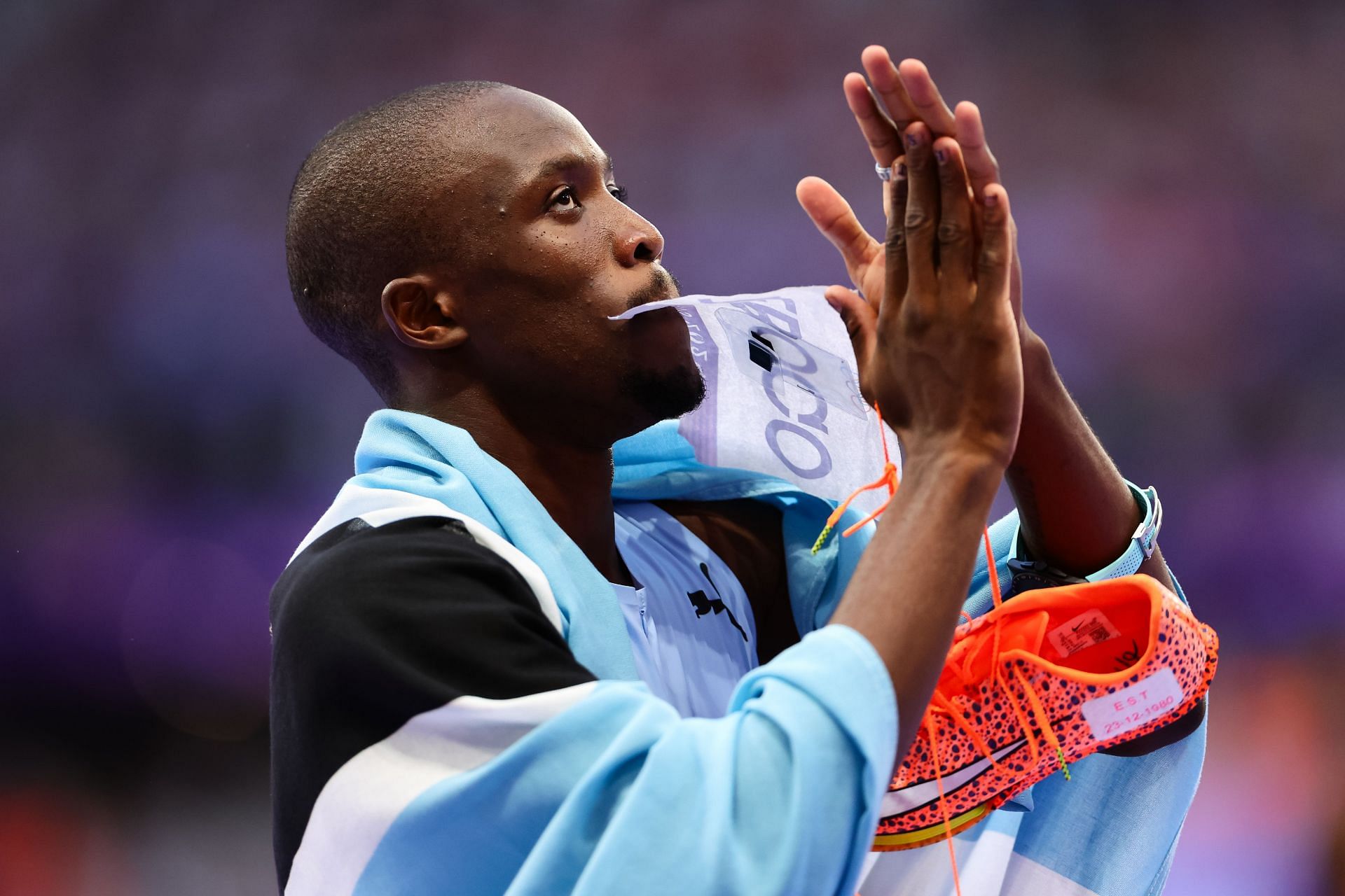 Letsile Tebogo celebrating the gold medal in the Men&#039;s 200m Final at the Olympic Games 2024 at Stade de France in Paris, France. (Photo via Getty Images)