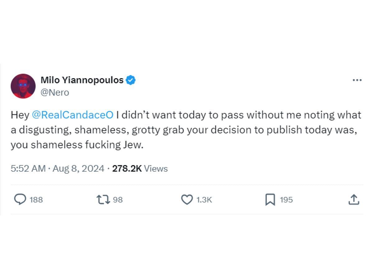 Milo Yiannopoulos&#039; tweet directed at Candace (Image via X/ @Nero)