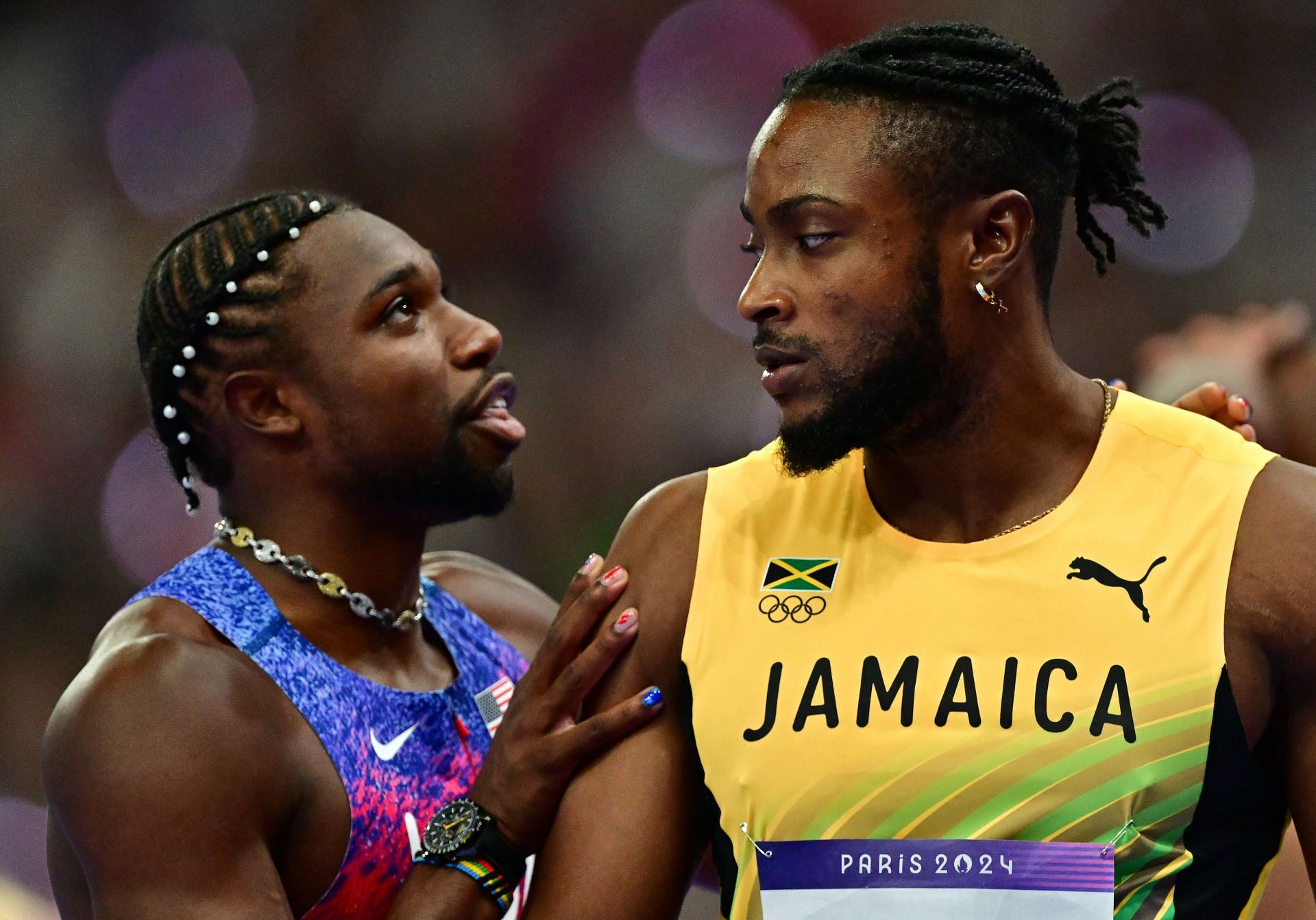 Kishane Thompson and Noah Lyles after the Men&#039;s 100m Final at the Olympic Games 2024 in Paris, France. (Photo via Getty Images)