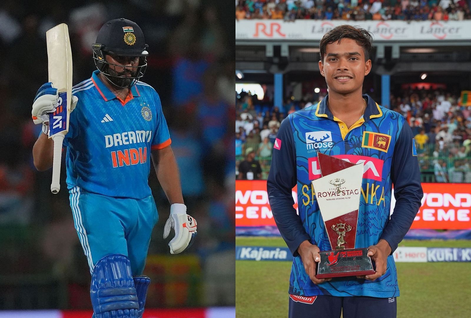 Rohit Sharma (L) and Dinuth Wellalage (R). (Source: Getty)