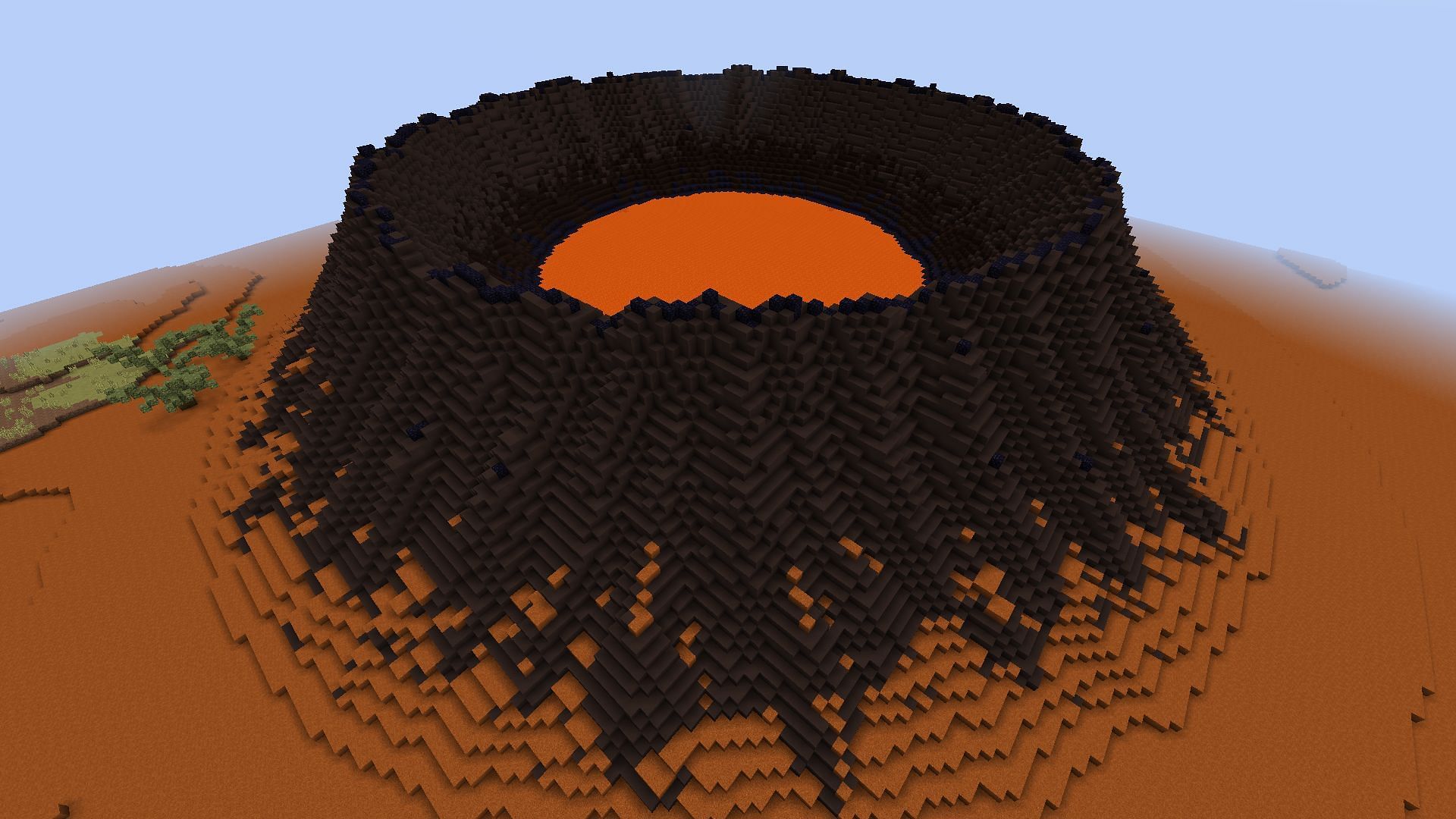 Volcanoes are a gorgeous, yet deadly sight found in red deserts (Image via Mojang)