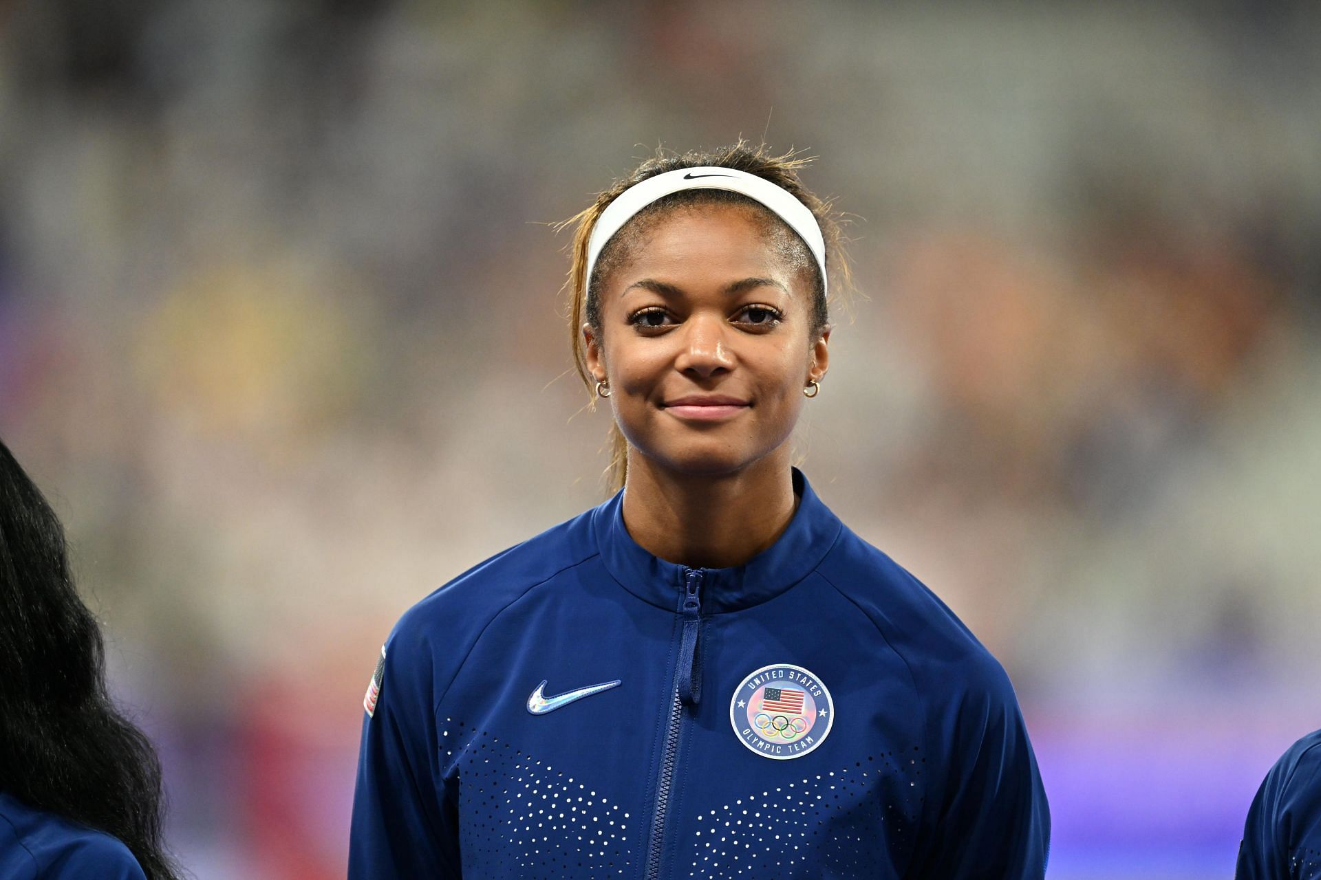 Gabby Thomas of Team United States celebrates winning the gold medal after competing in the Women&#039;s 4x100m Relay Final at the Olympic Games 2024 in Paris, France. (Photo via Getty Images)