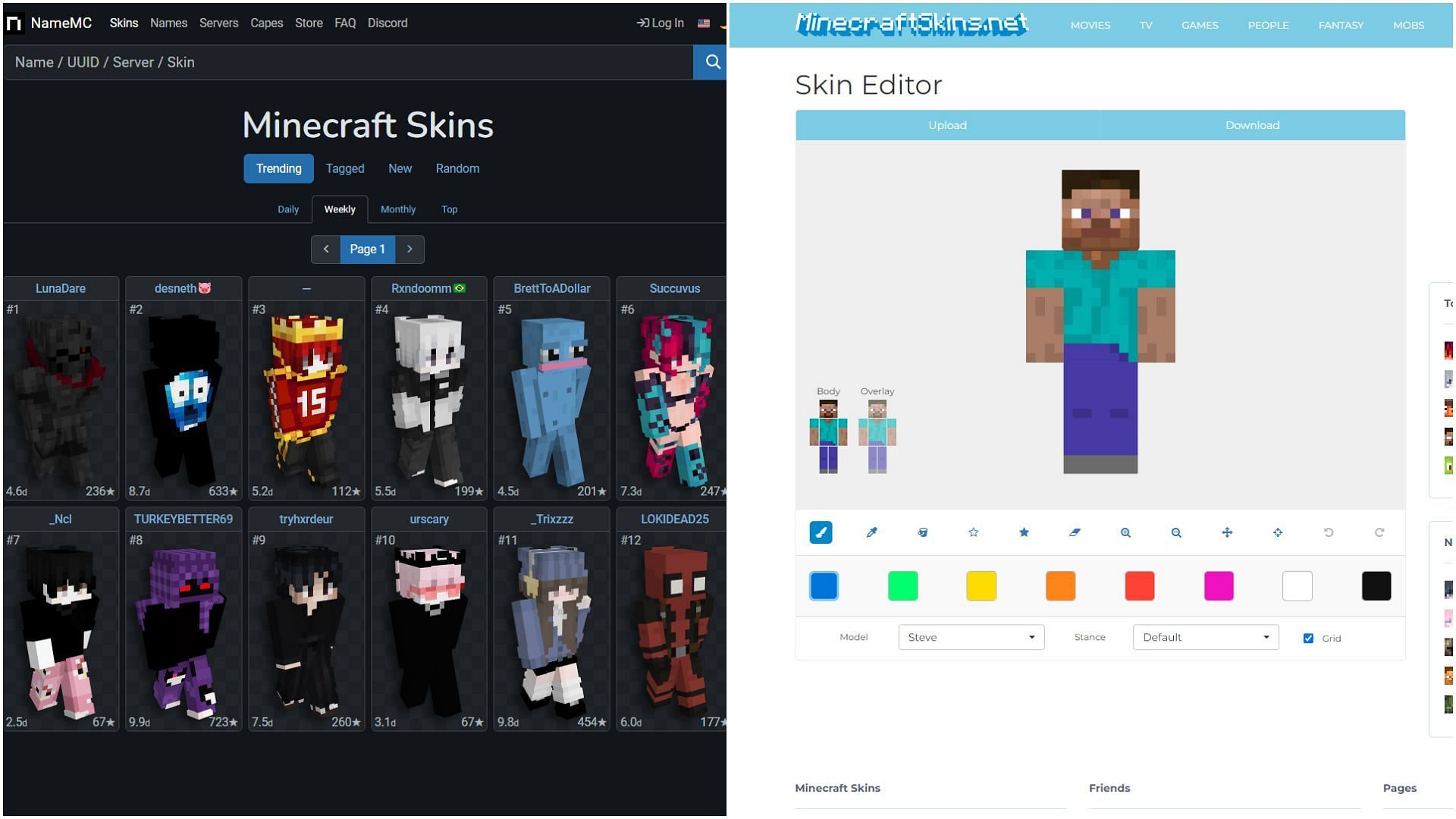 Players can download custom skins or make their own (Image via NameMC || MinecraftSkins)