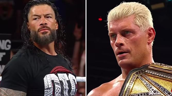 Cody Rhodes reacts after Roman Reigns helps him win at SummerSlam 2024