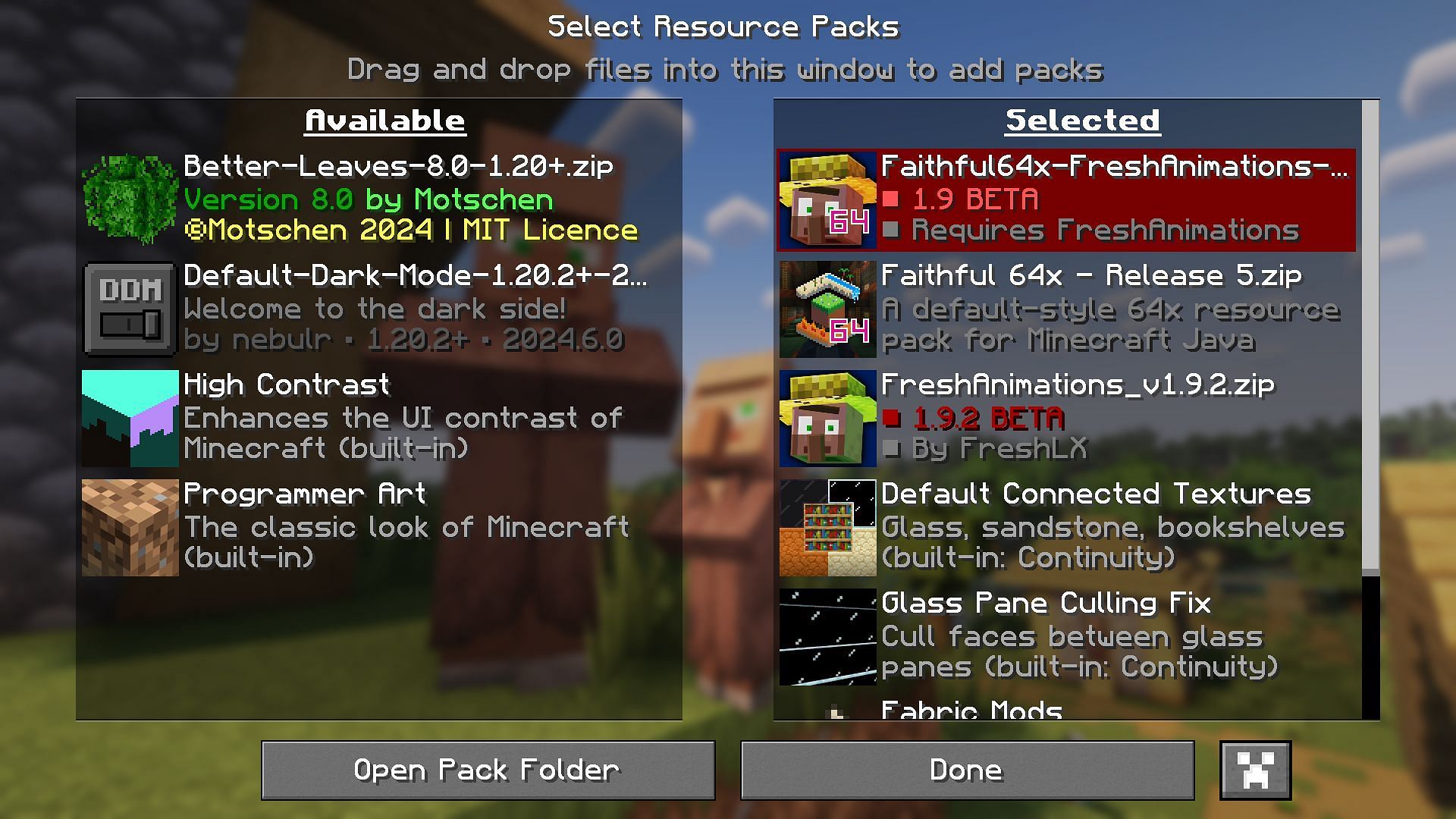 Fresh Animations listed inside the game (Image via Mojang Studios)