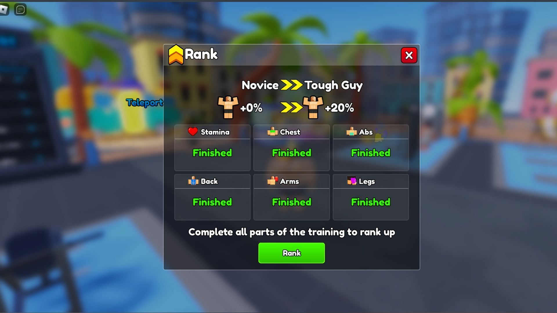 Train all the muscle groups to rank up (Image via Roblox)