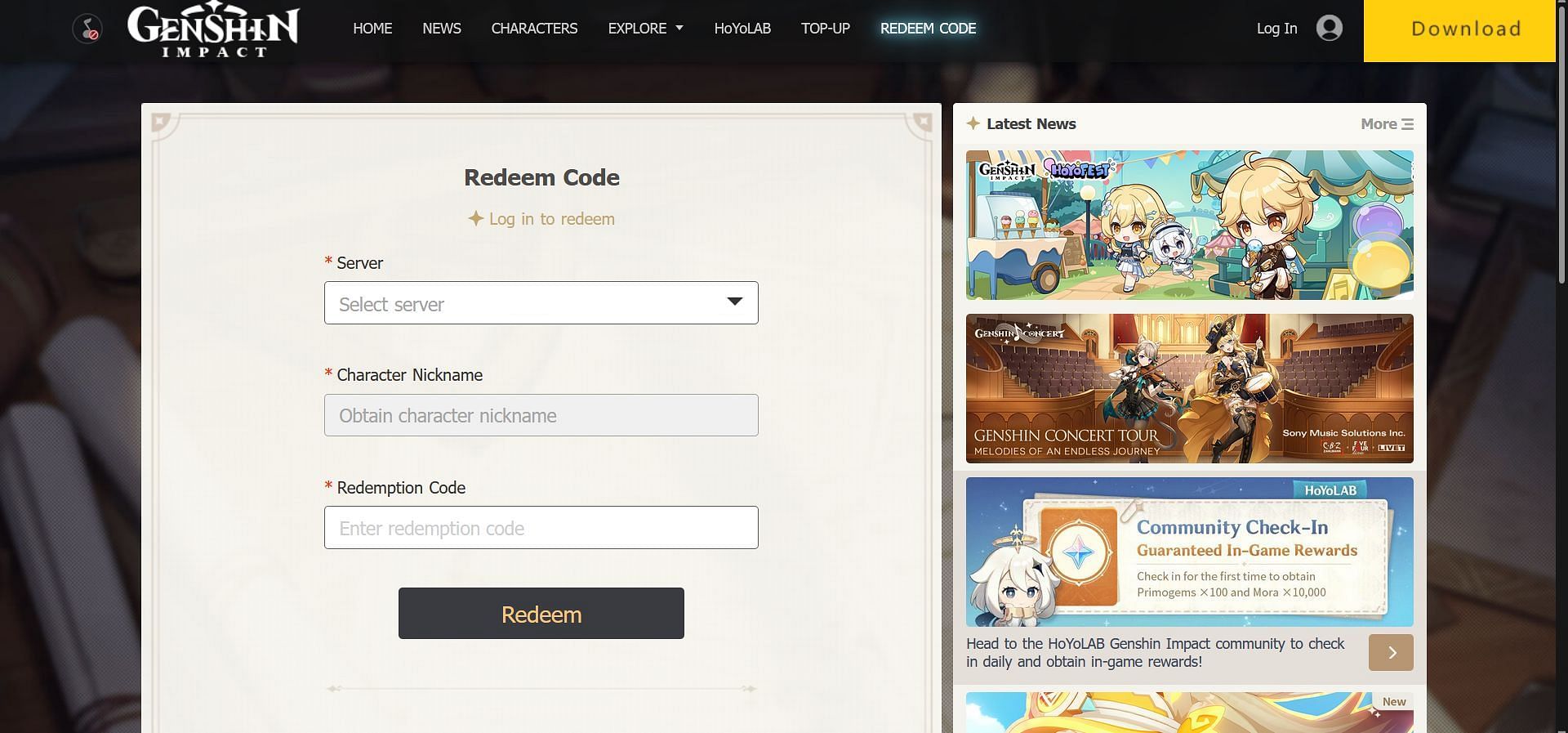 Redeem the codes on the Genshin Impact official website (Image via HoYoverse)