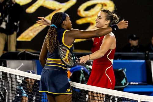 Aryna Sabalenka meets Coco Gauff at the net after winning her semifinal match of the 2024 Australian Open (Photo via Getty Images)