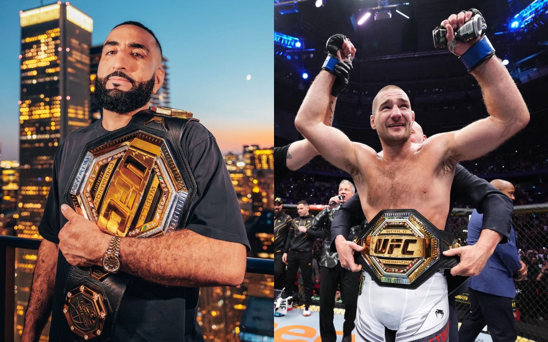 Belal Muhammad (left) gives his thoughts on Sean Strickland (right) being the next middleweight title challenger. [Images courtesy: @bullyb170 on Instagram, Getty Images]