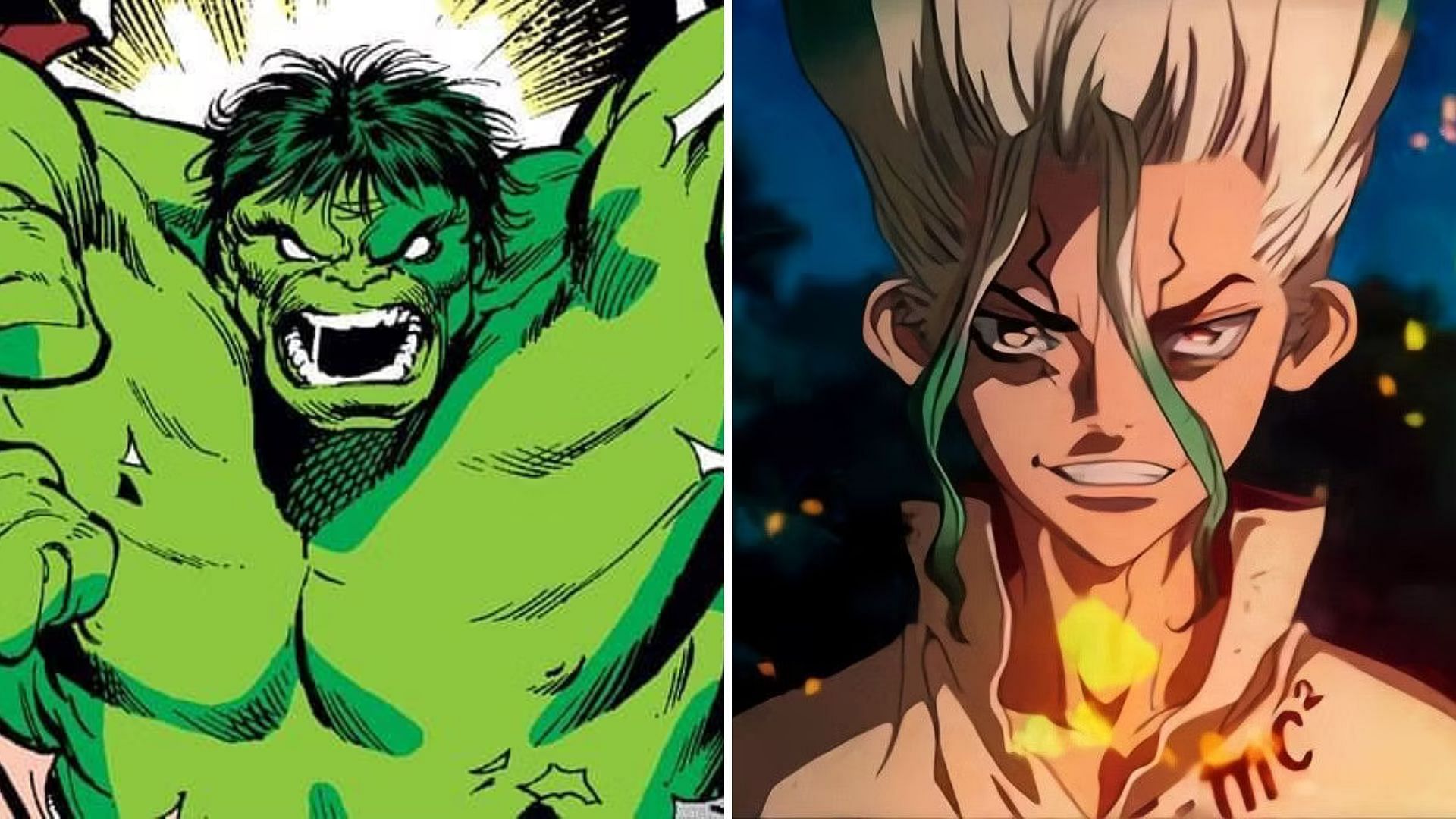 The Hulk in Dr. Stone (Images via Marvel Comics and TMS Entertainment)