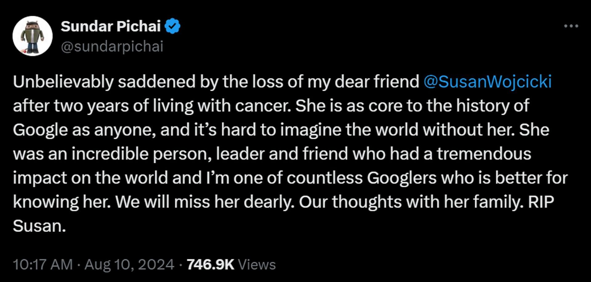 Sundar Pichai&#039;s statement after the tragic demise of Susan Wojcicki (Image via X.com/Sundar Pichai)