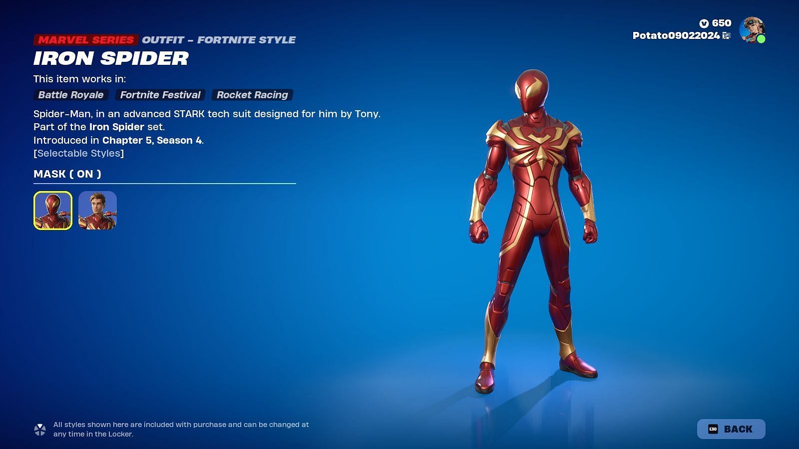 You can purchase the Iron Spider skin in Fortnite separately (Image via Epic Games)